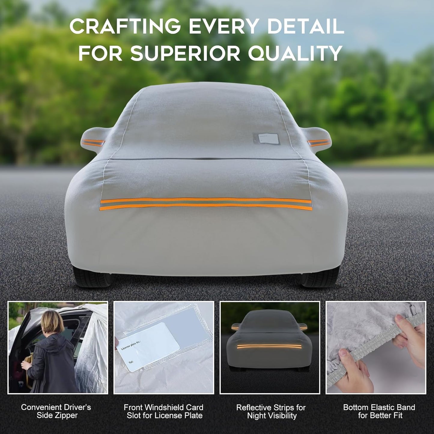 Waterproof Car Cover for Hatchback: 6-Layer All-Weather Protection from Rain, Snow, UV & Dust - Universal Fit for Hatchbacks up to 165 inches with Zipper Door & Windproof Straps, Silver