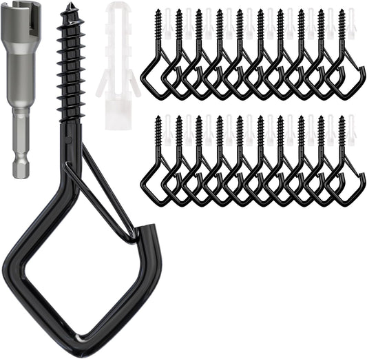 20 PCS Screw Hooks with Safety Buckle, Heavy Duty Ceiling Hooks for Hanging Outdoor String Lights, Plants, Wind Chimes, 2.36 inches, Black