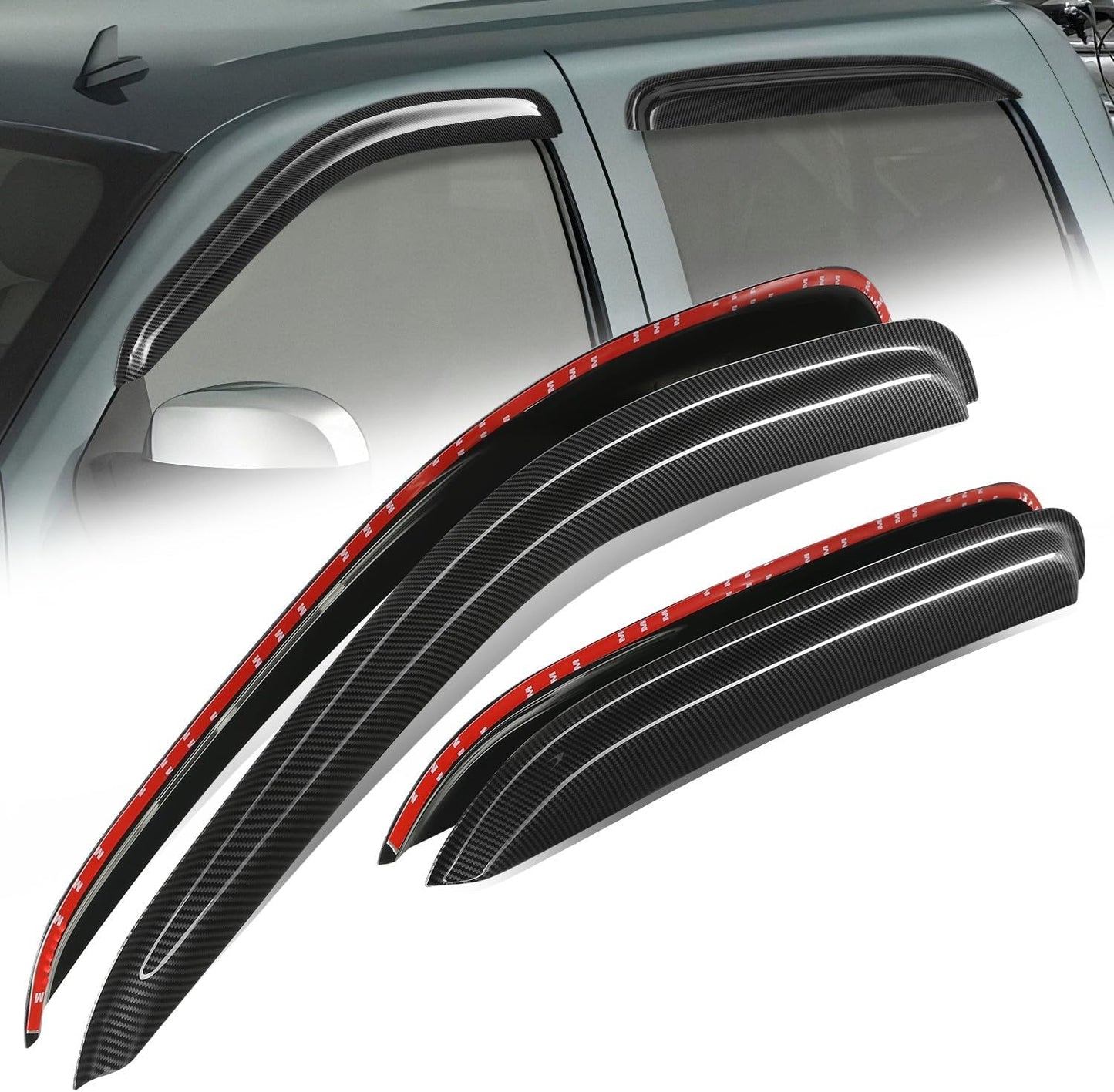 Auto Dynasty 4Pcs Carbon Fiber Pattern Window Visors Compatible with 2007-2014 Chevy Silverado Avalanche Suburban GMC Sierra Yukon XL, Tape-On Front & Rear Window Deflectors Rain Guards
