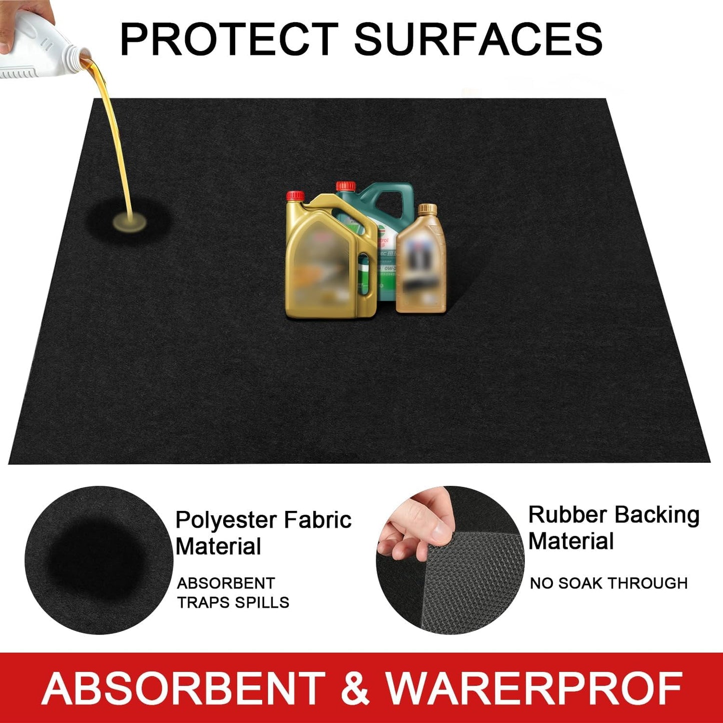 Golener Oil Spill Mat - Garage Floor Mat, Absorbent Oil Pad, Premium Maintenance Mat, Waterproof, Contain Liquid, Protect Garage Surface from Spill & Stain, Reusable, Washable, Durable, Black, 36”x59”