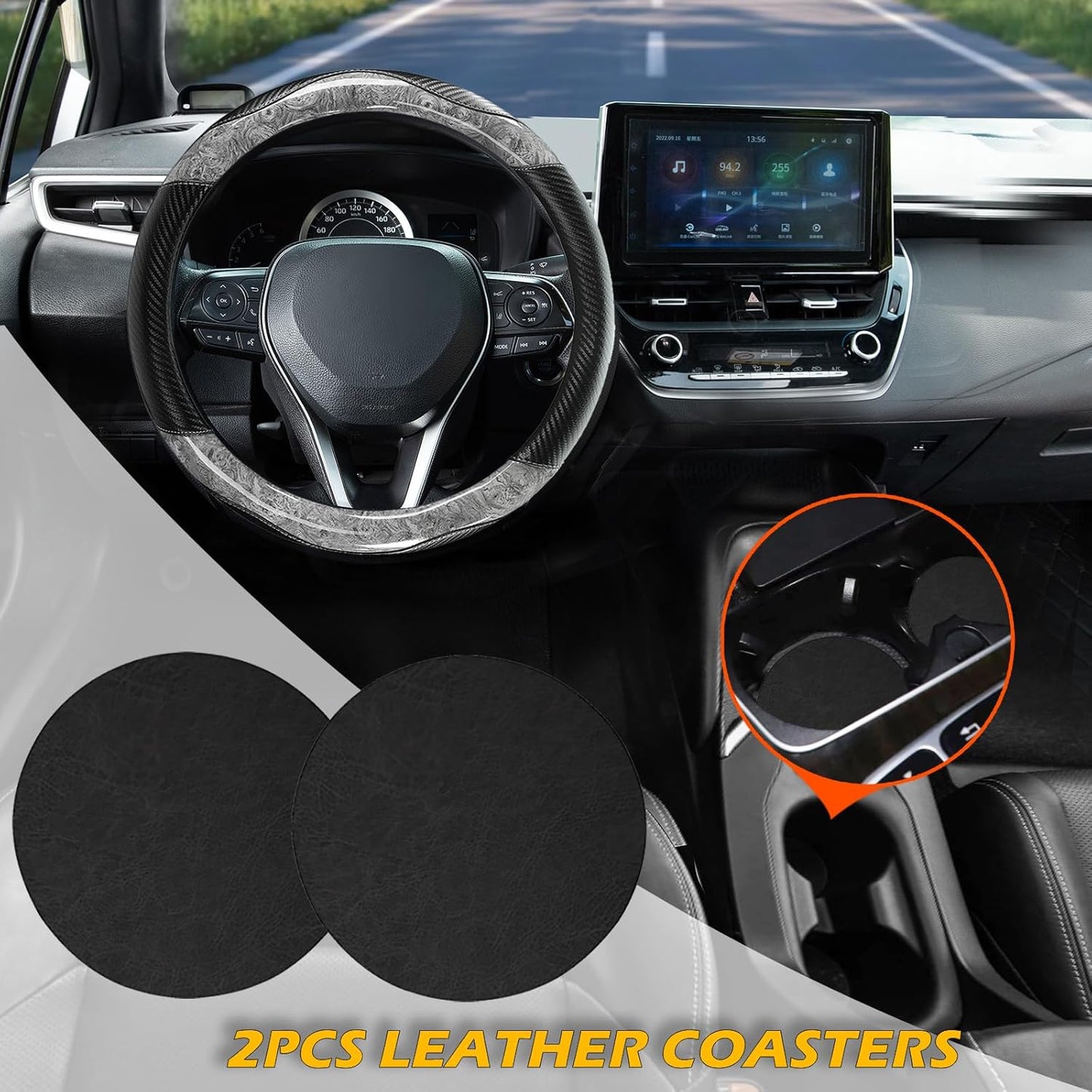 Wood Grain Steering Wheel Cover Carbon Car Steering Wheel Covers 14 1/2-15 inch with Coasters Microfiber Leather Splicing Breathable Anti-Slip Durable Universal Steering Wheel Protective - Gray