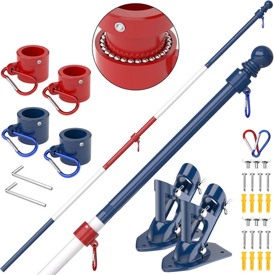 ZMTECH Flag Pole - Upgraded Bracket,(2 Packs) 6 FT Stainless Steel Flag Poles for Outside House, Residential or Commerical, Tangle Free Flag Pole Kit (Without Flag, Blue&White&Red)
