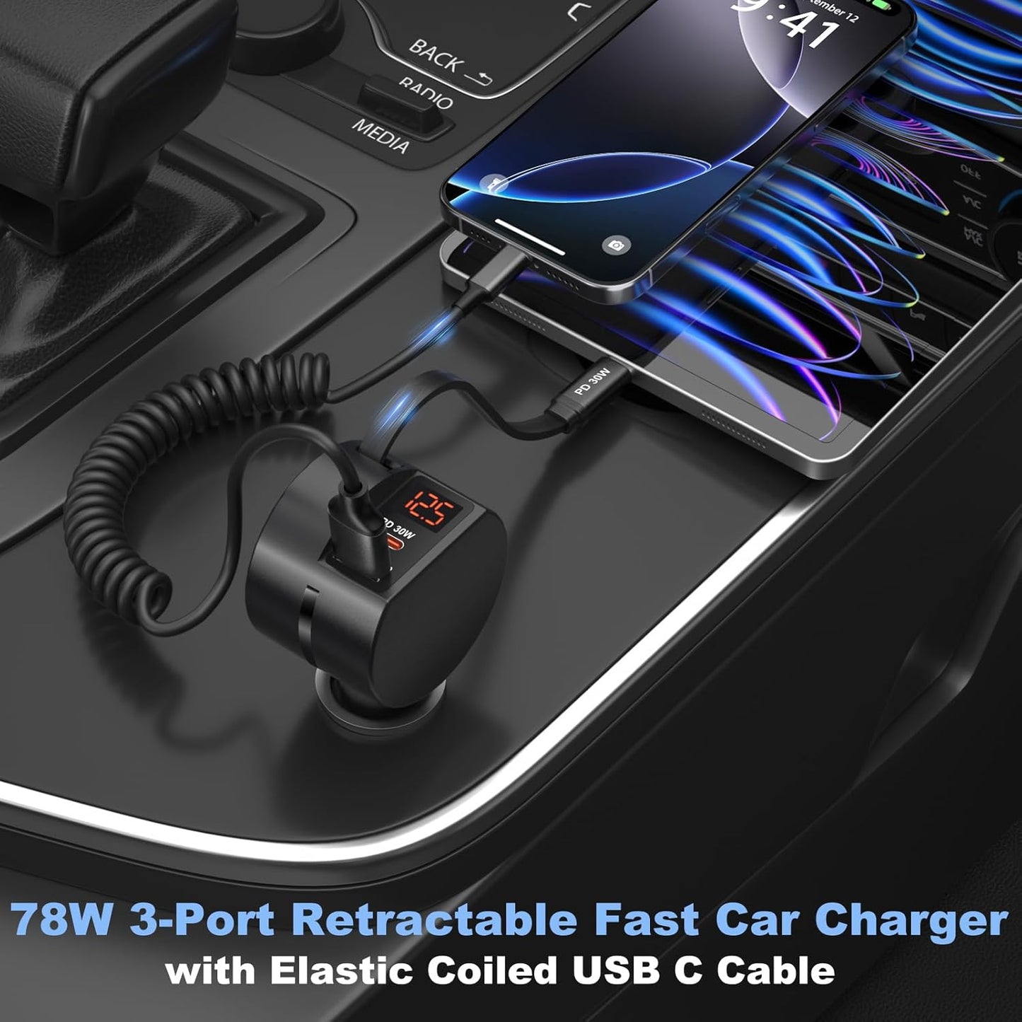 Retractable Car Charger USB C, OKRAY 78W 3-Port 12v Cigarette Lighter Adapter PD30W Fast Charging Type C Car Phone Charger & Coiled USB C Cable for iPhone 16 15 Pro, Samsung Galaxy S25 S24 A16, 2Pack