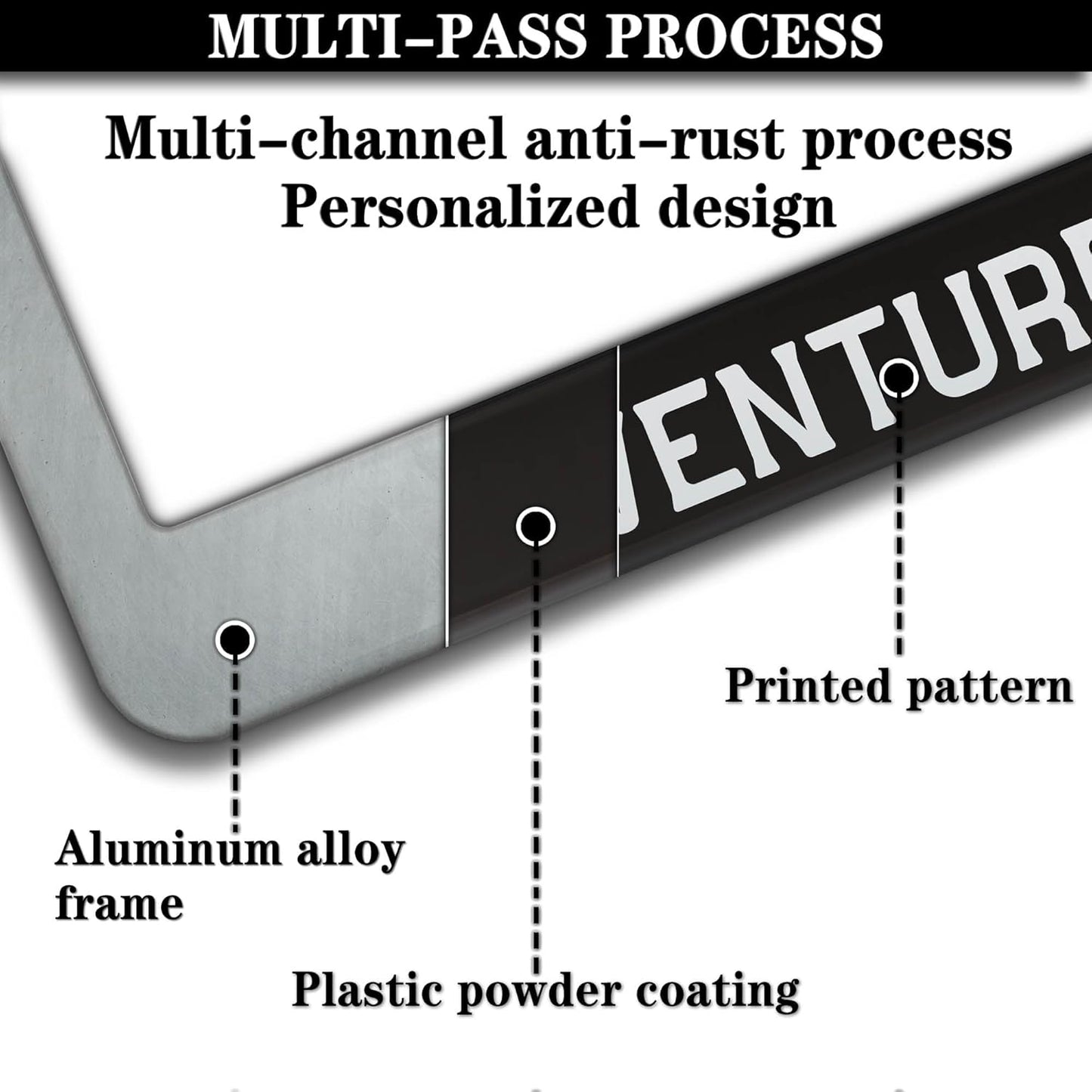 License Plate Frames Black and White License Plate Frame Adventure Awaits Universal Aluminum Car Accessory 2 Pack with Screw Covers Set