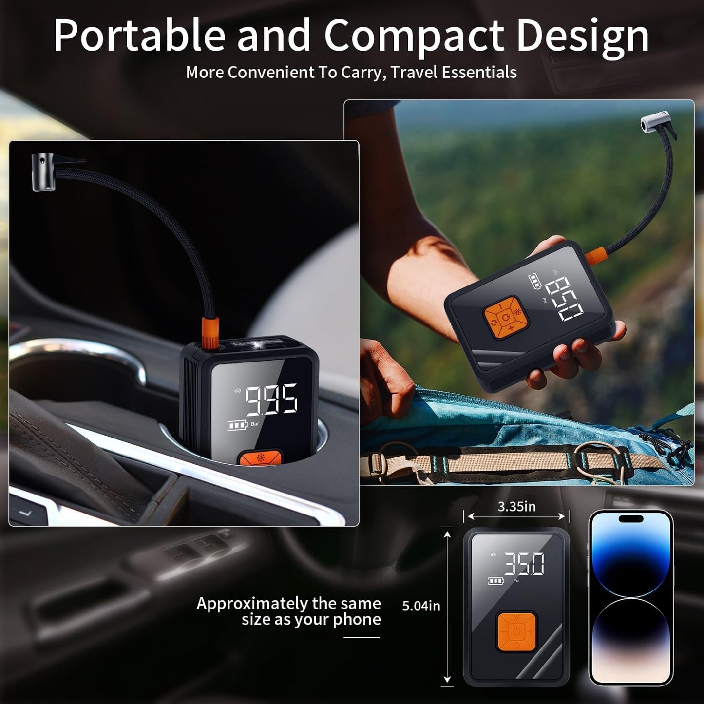 Portable Air Pump for Car Tires, 150 PSI Tire Inflator Cordless with LED Light, Rechargeable Auto Shut-off Air Compressor 2X Fast Inflation Tire Pumps for Car Bike Motorcycle Ball