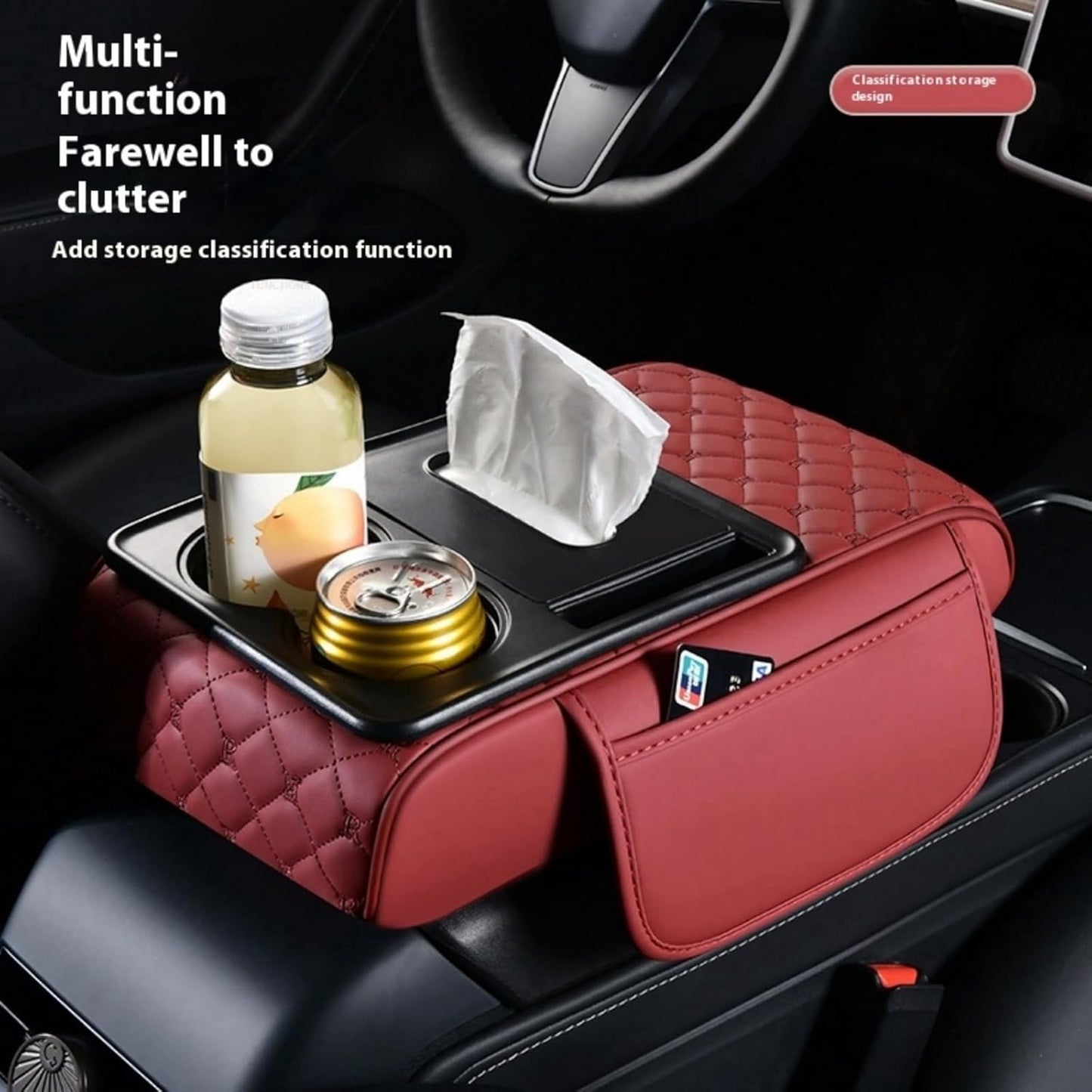 5-in-1 Center Console Cover Organizer, Arm Rest Cover for Car with Cup Holder & Storage Pocket & Tissue Box, Armrest Cover Cushion Pad, Grid, Black - Red