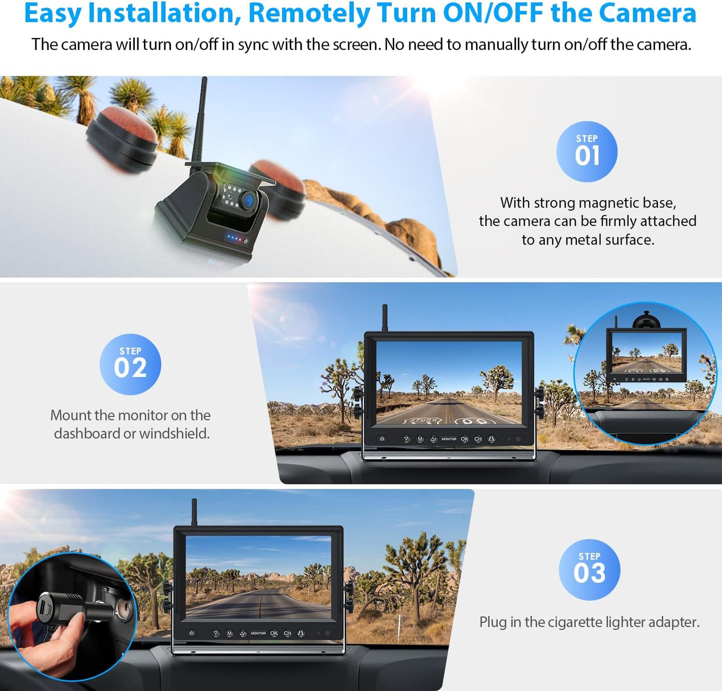 3 Magnetic Solar Wireless Backup Camera System, Quad RV Rearview Backup Cameras Wireless System with HD1080P 9 Inch DVR Monitor for Trailer RV Trucks, Built-in 9600mAh Solar Battery, BL903