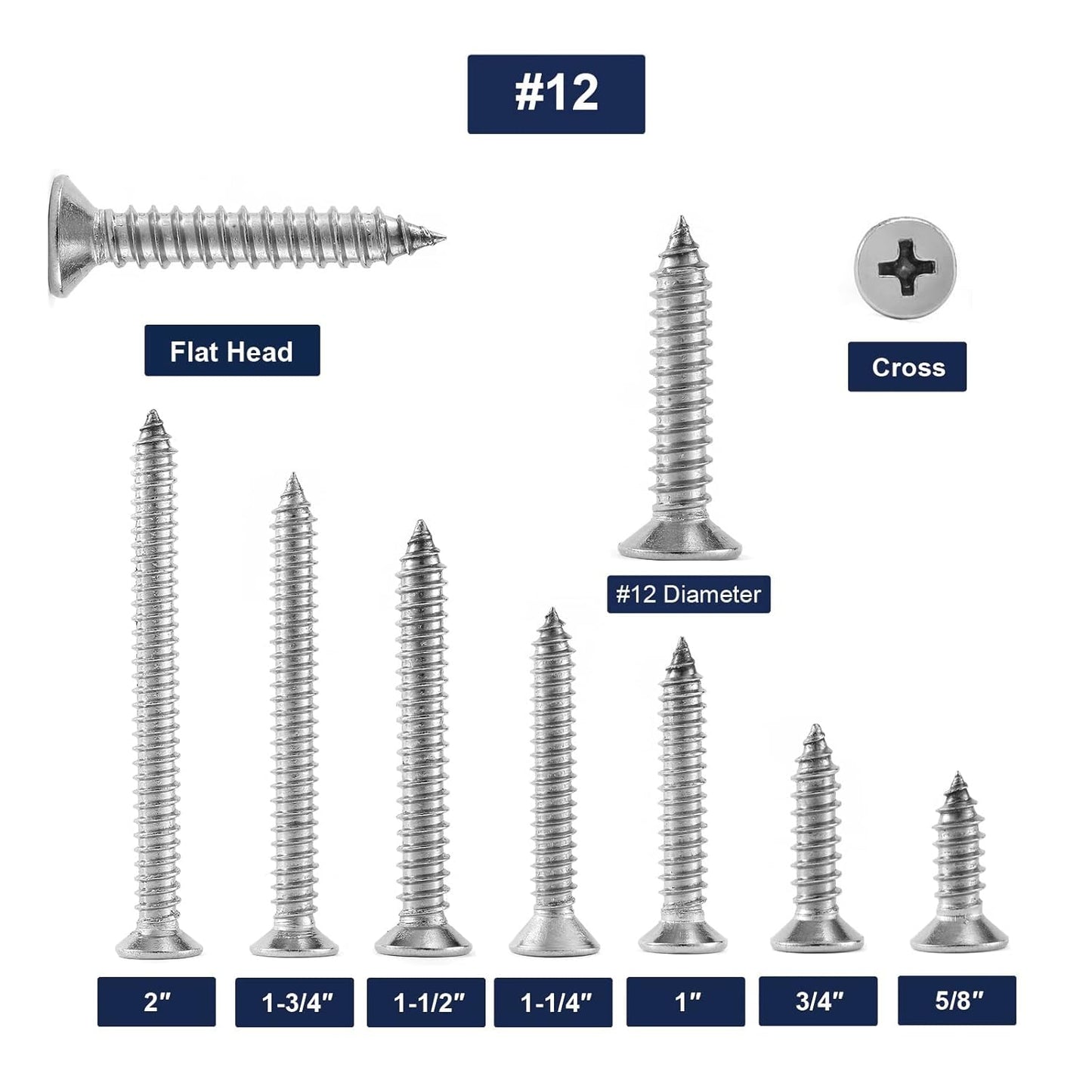 #12 x 5/8" Wood Screw 100Pcs 18-8 (304) Stainless Steel Screws Flat Head Phillips Fast Self Tapping Drywall Screws by SG TZH