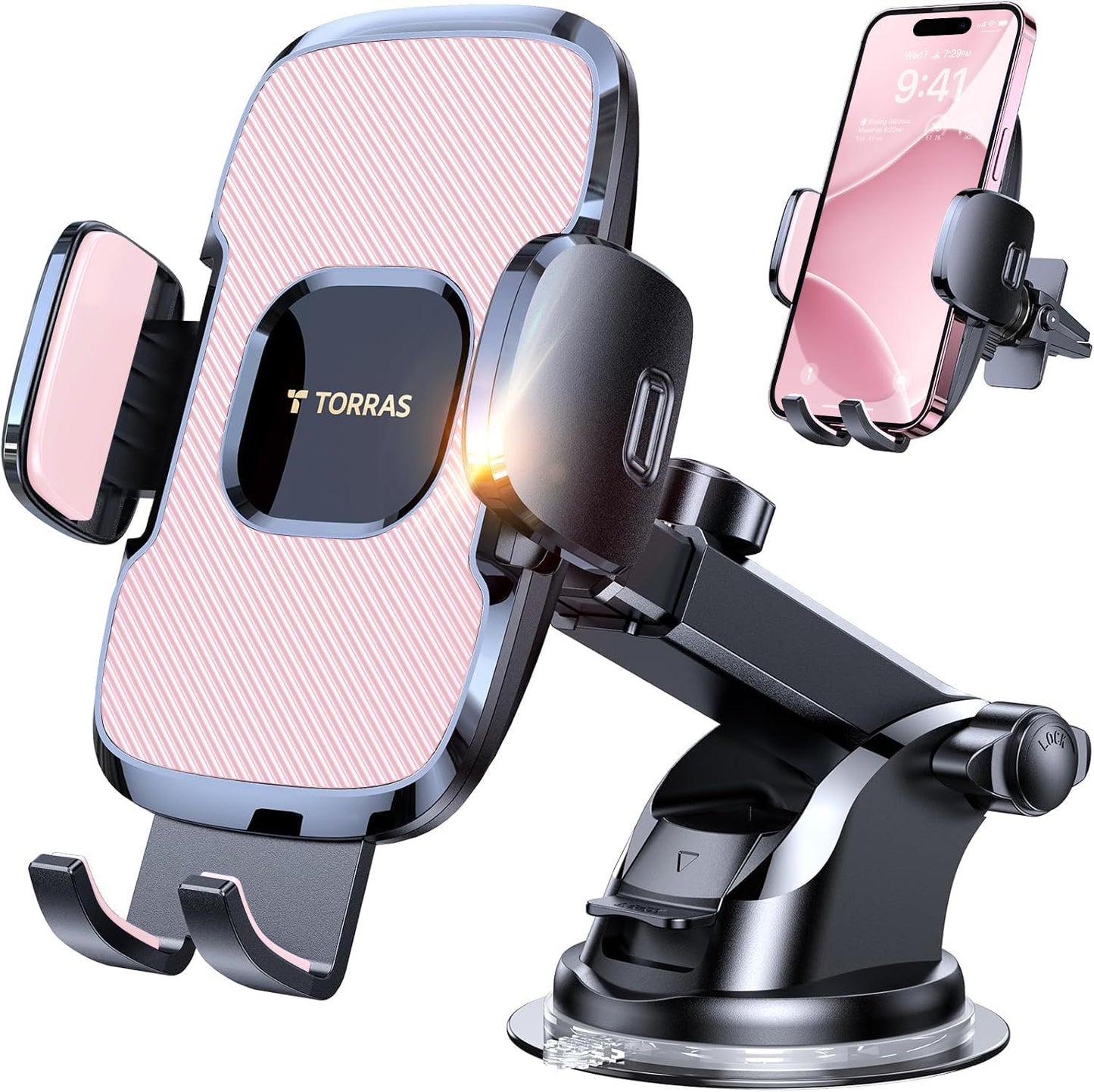 TORRAS Pink Phone Holders for Your Car【True Military-Grade & Strongest Suction】, Universal Car Phone Holder Mount Truck Cradle Stand for Dashboard Windshield Vent, Pink Car Accessories