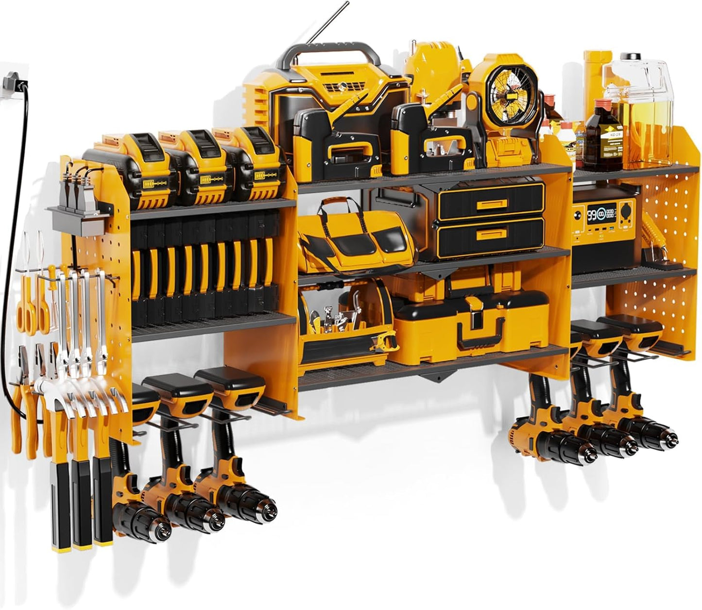 Power Tool Organizer Wall Mount with Charging Station, 45.5" Garage Organization Wall Mounted, 3 Layers Electric Cordless Drill Holder with Outlet Power Strips, Garage Tool Storage for Impact Wrenches