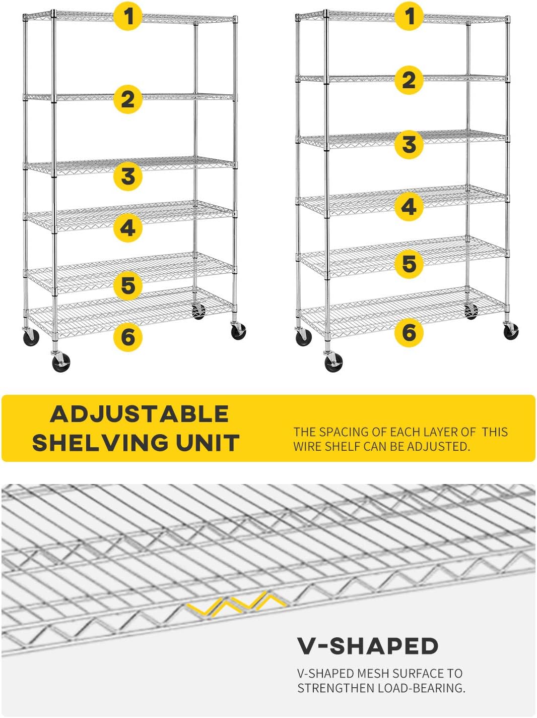 BestOffice 18x48x72 Storage Shelves Commercial Heavy Duty Metal Shelves Garage Organizer Wire Rack Shelving Storage Unit Shelf Adjustable Utility 6000 LBS Capacity,Chrome