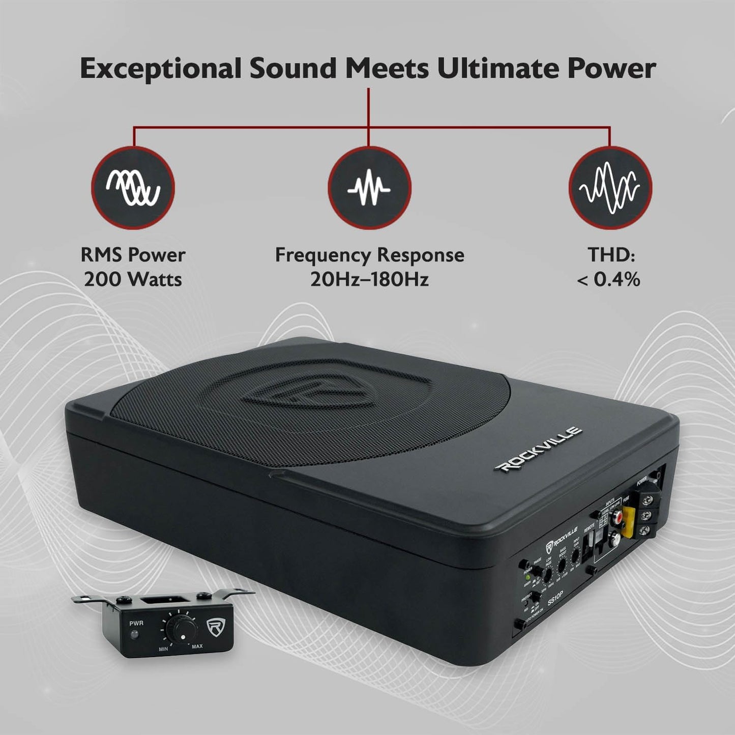 Rockville SS10P 800W Slim Under-Seat Active Car/Truck Subwoofer, Built-in Amp, Wired Remote Bass Knob, Cast Aluminum, for Car Audio Upgrades