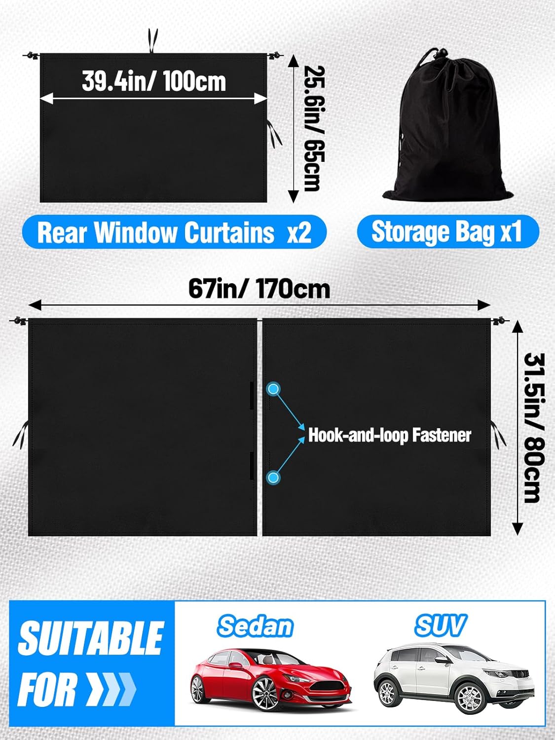 Set of 3 Car Window Shades - 95% Light Blocking Sunshades, 1 Privacy Divider Curtains & 2 Side Window Covers, Wide Sedan SUV Accessories for Kids Baby Travel Camping Nap Sleeping