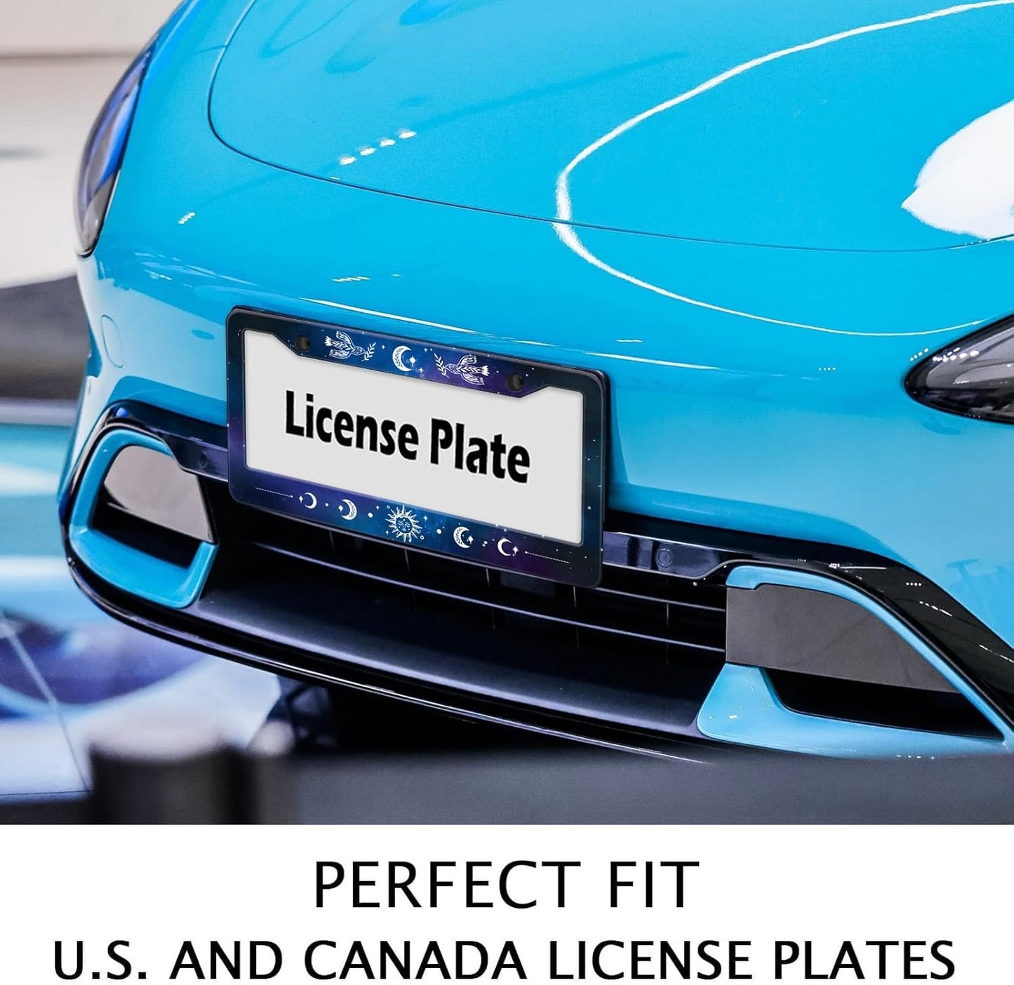 Starry Sun Moon License Plate Frame, Night Sky Moon Phase License Plate Holder Cover, Metal Aluminum Rustproof Car Accessories for Us Canada Standard Women Men 2 Holes with Screw Caps