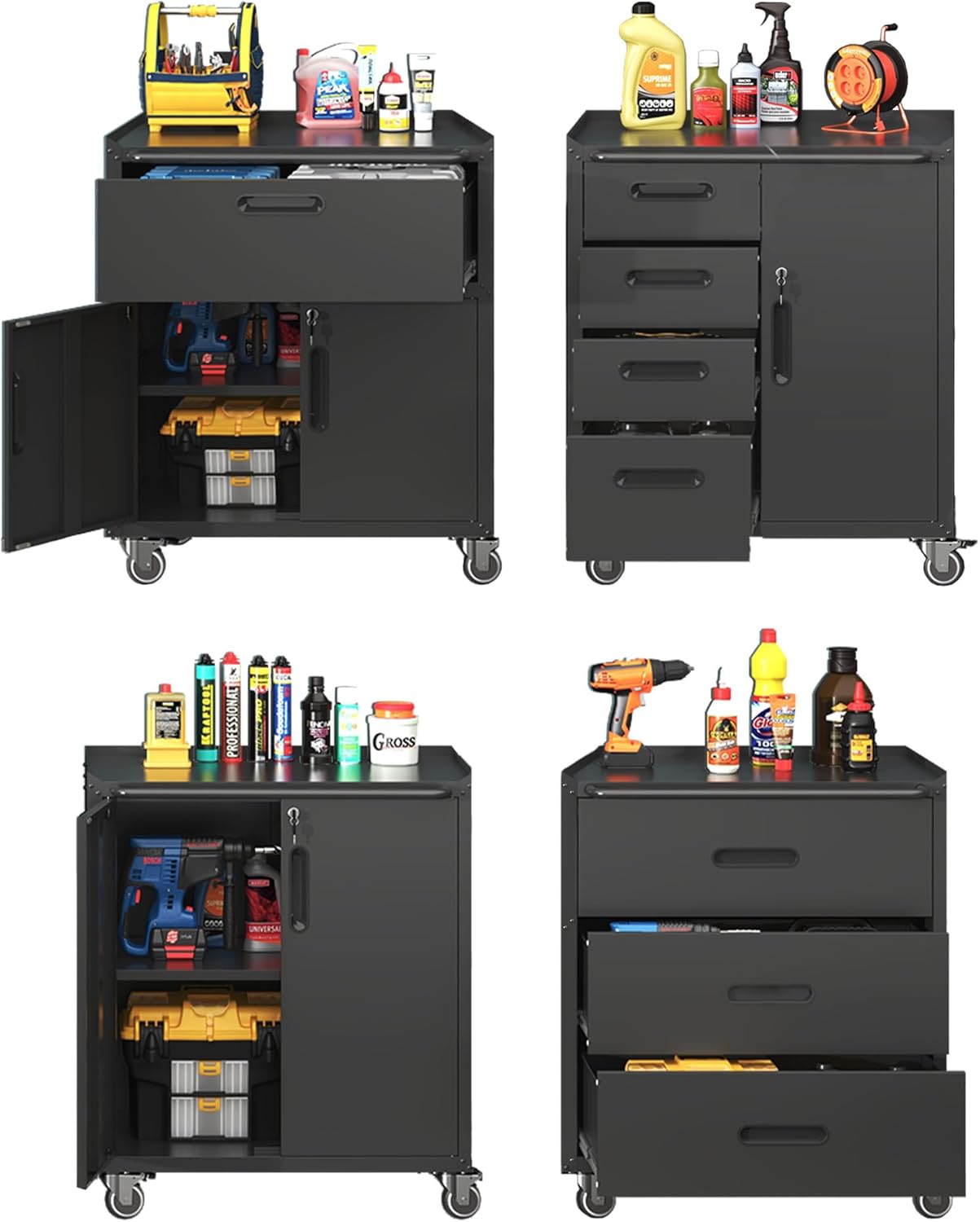 Metal Tool Cabinet,Garage Storage Cabinet System,Wall Cabinet & Locking Rolling Tool Cabinet with Doors and Adjustable Shelves,Steel Tool Cabinets for Home,Office (4 Pcs-StyleC, Black)