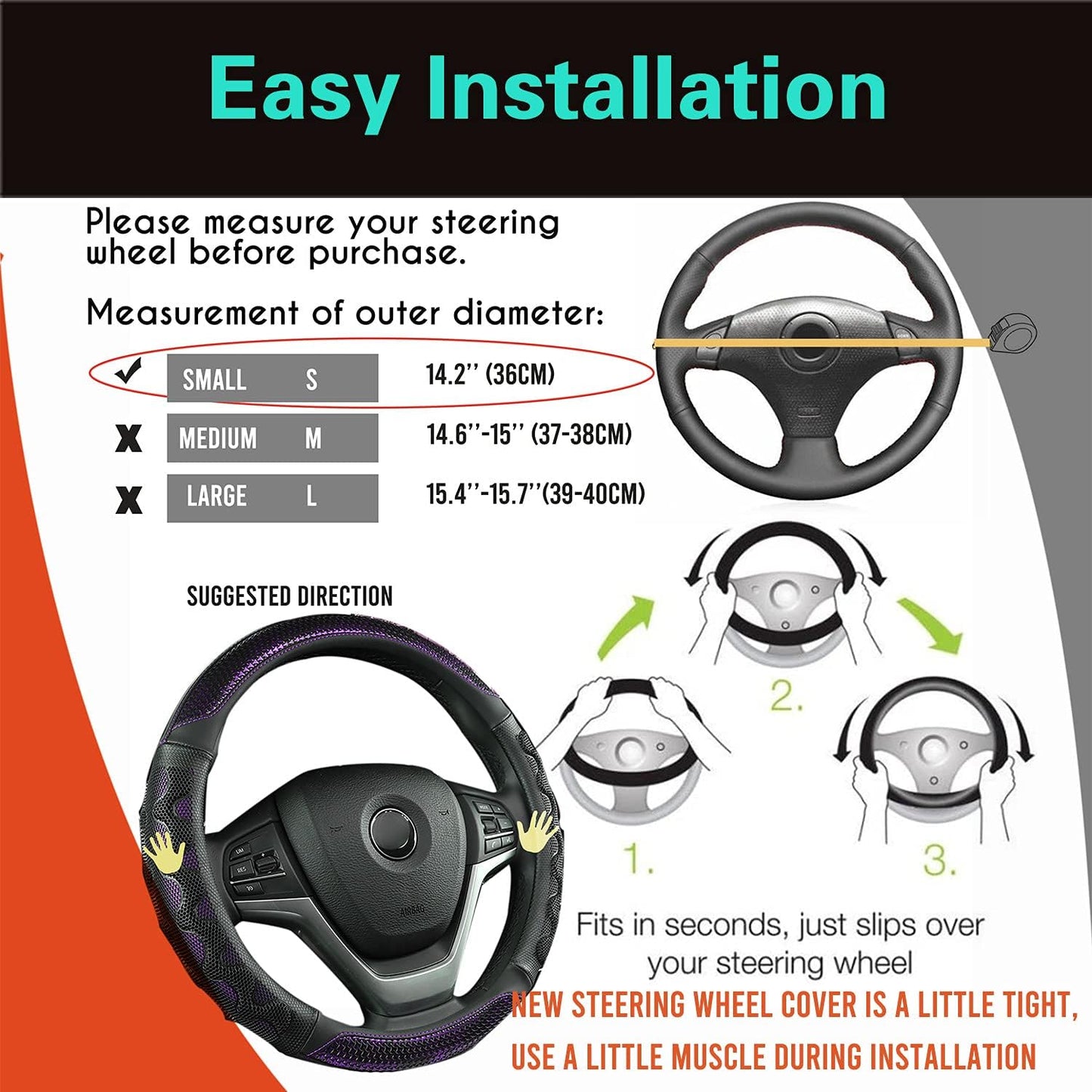 PINCTROT Small Size Steering Wheel Cover Great Grip with 3D Honeycomb Anti-Slip Design, 14 Inch (Purple)