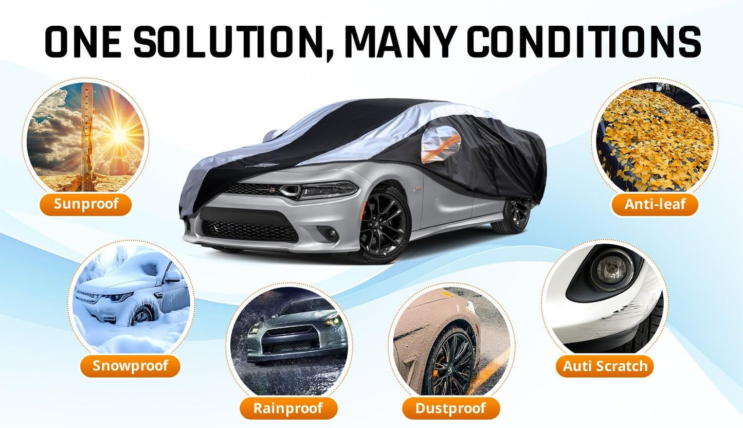 Dodge Charger Car Cover Waterproof All Weather with Silver Strip Design, Custom Fit for Dodge Charger 2006–2023, Charger Accessory with Door Zipper & Windproof Straps