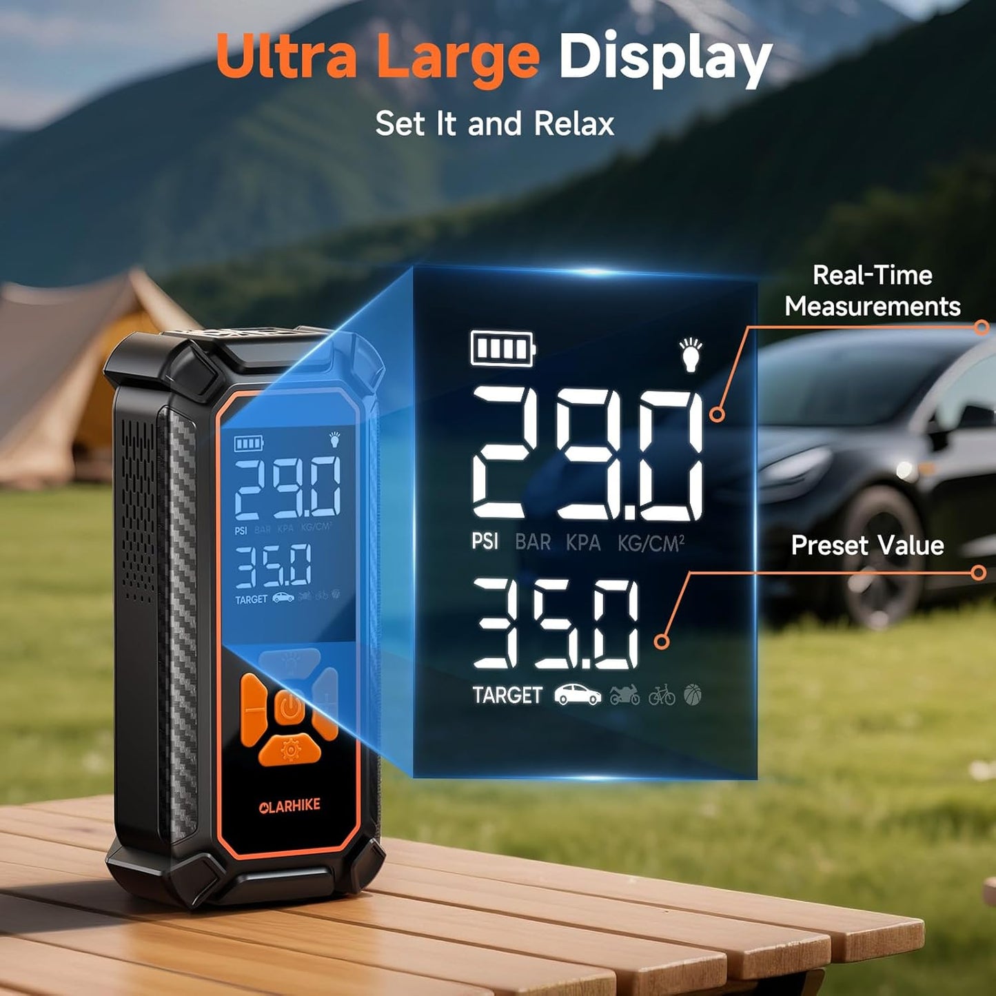 OlarHike Cordless Tire Inflator Portable Air Compressor, Quick Inflation, Air Pump for Car Tires, Pickup Truck, Motorcycle, Bicycle, Balls, Electric Pump with LED Light & Digital Pressure Gauge