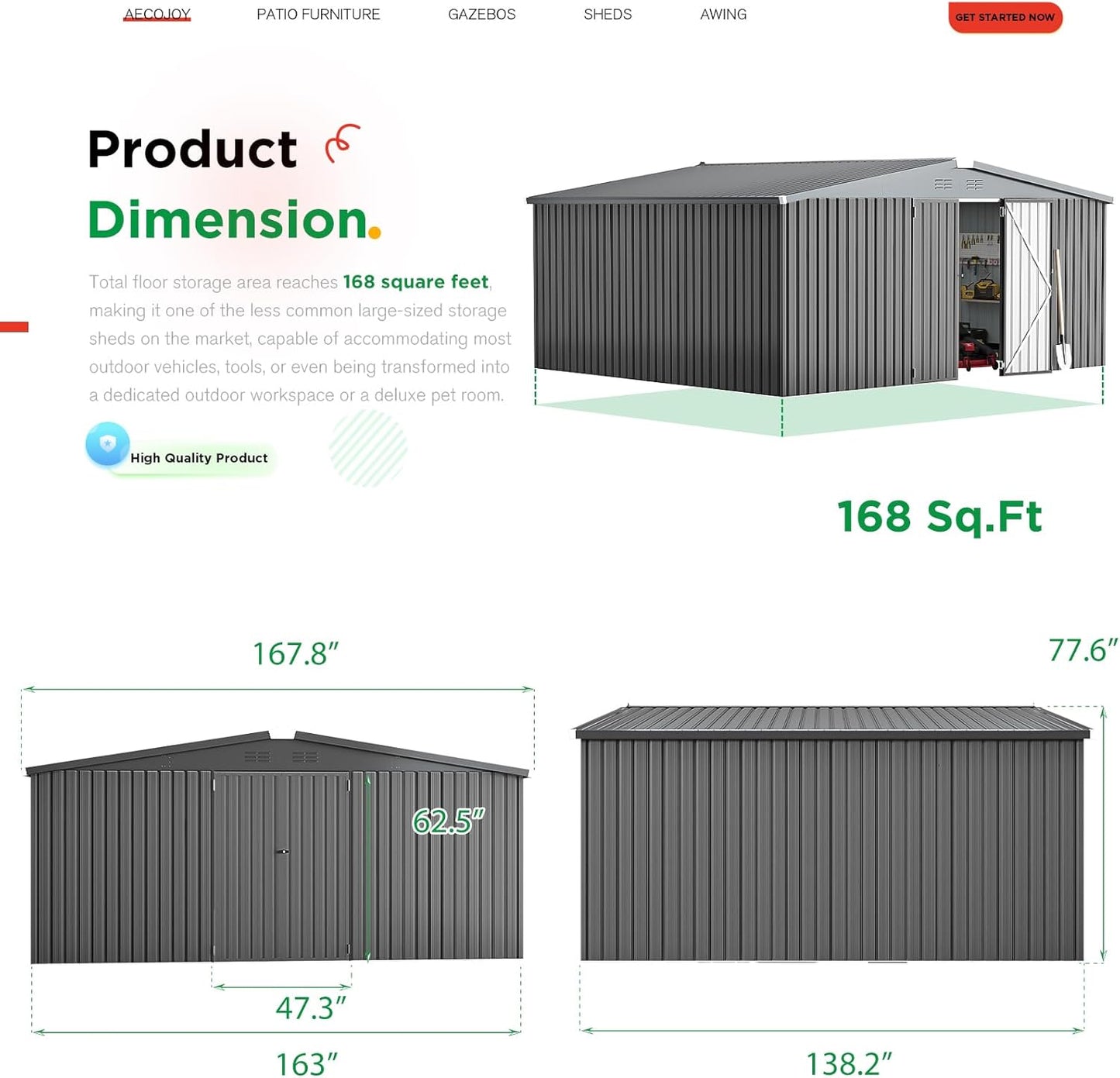 AECOJOY Shed 14' x 12' Storage Shed, Outdoor Metal Storage Sheds & Outdoor Storage 12x14 with Lockable Doors, Large Steel Yard Shed, Utility Tool Storage for Garden, Patio, Outside use in Dark Grey