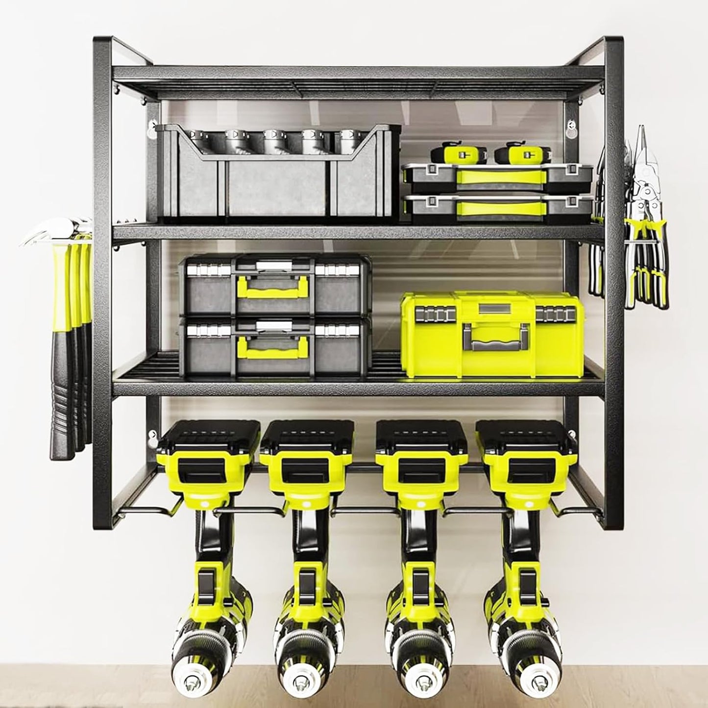 Wall Mount Power Tool Organizer, 4 Layer 4 Drill Hangers Storage Rack, Tool Organizers and Storage for Garage, Workshop, Pegboard, Shed - 16 inch