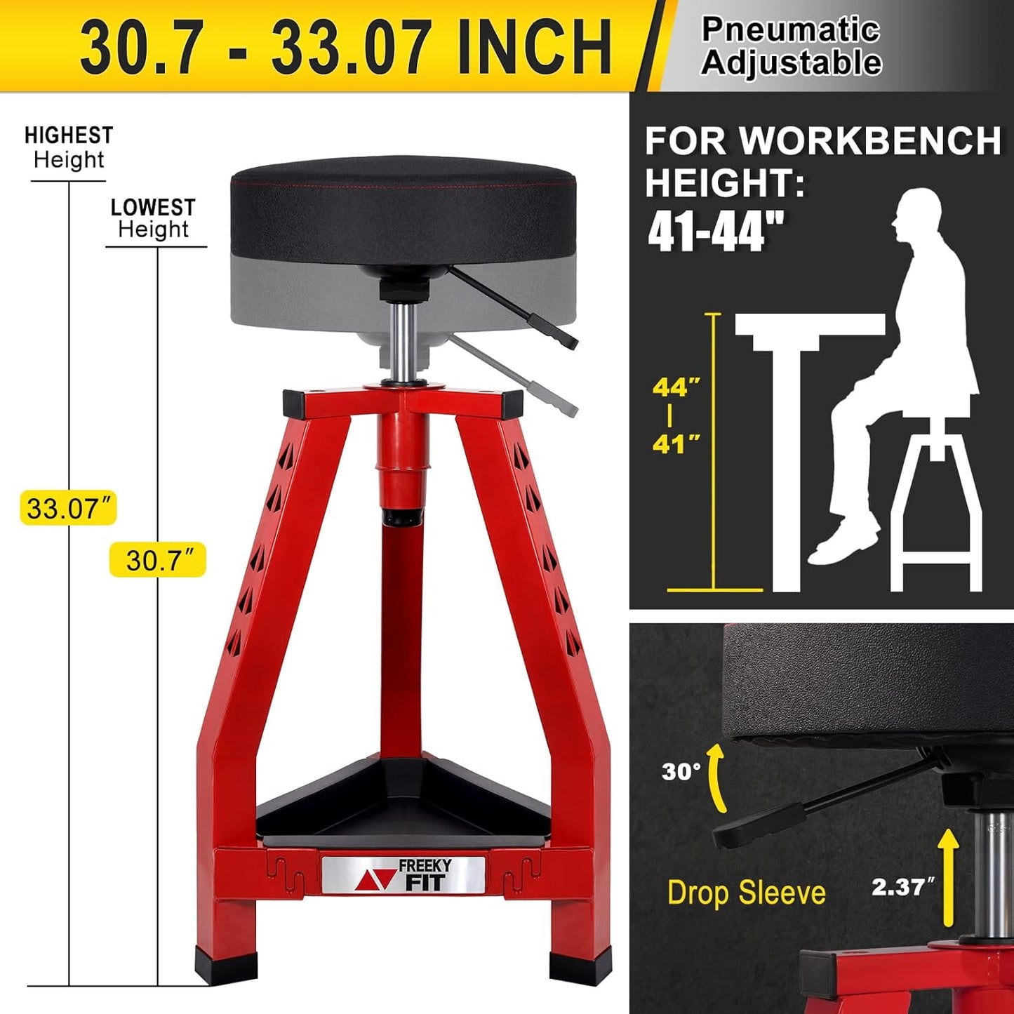 Adjustable Tall Shop Stool, Mechanic Garage Bar Stool Chair, Work Metal Chair for Workshop,360° Swivel Padded Seat, Tool Tray Storage, 350 LBS Capacity, Heavy Duty, Red