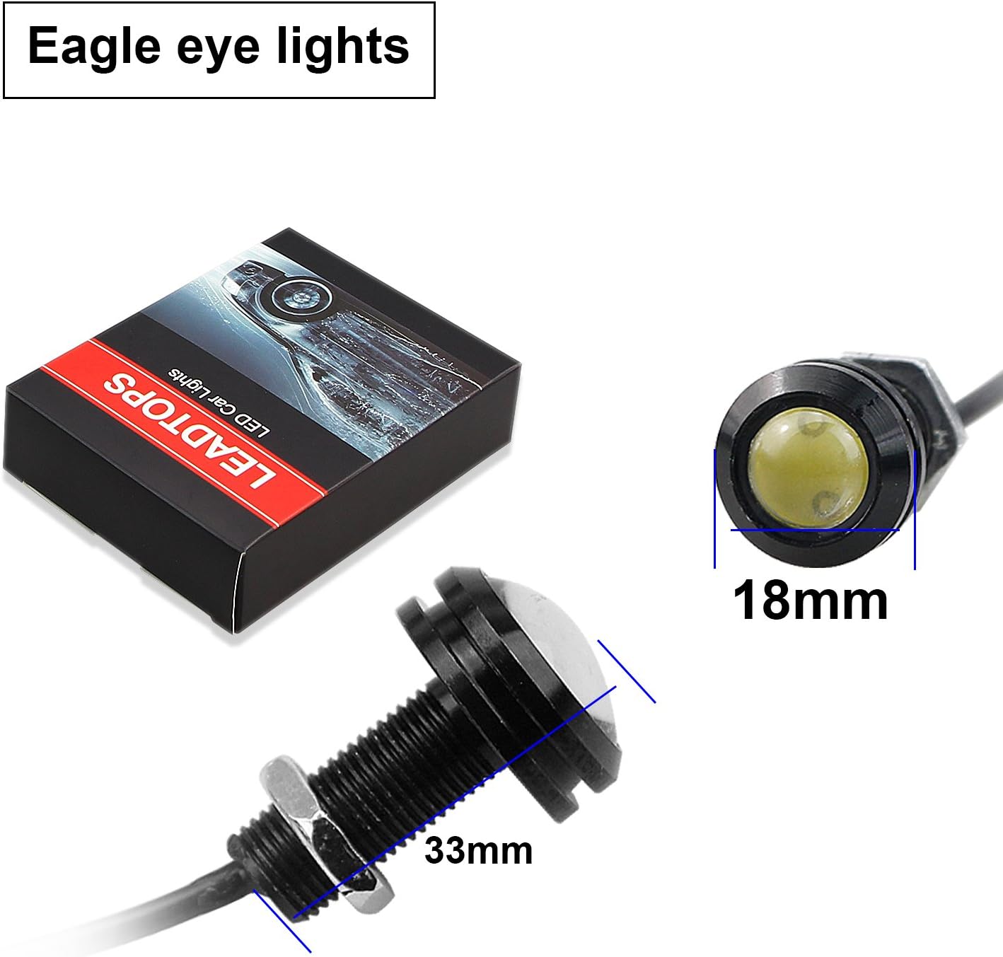 LEADTOPS 10Pcs 18mm 12V Eagle Eye LED Car Fog DRL Daytime Running Light Backup Reverse Tail Rock Lights Small bulb (White, Black Case)
