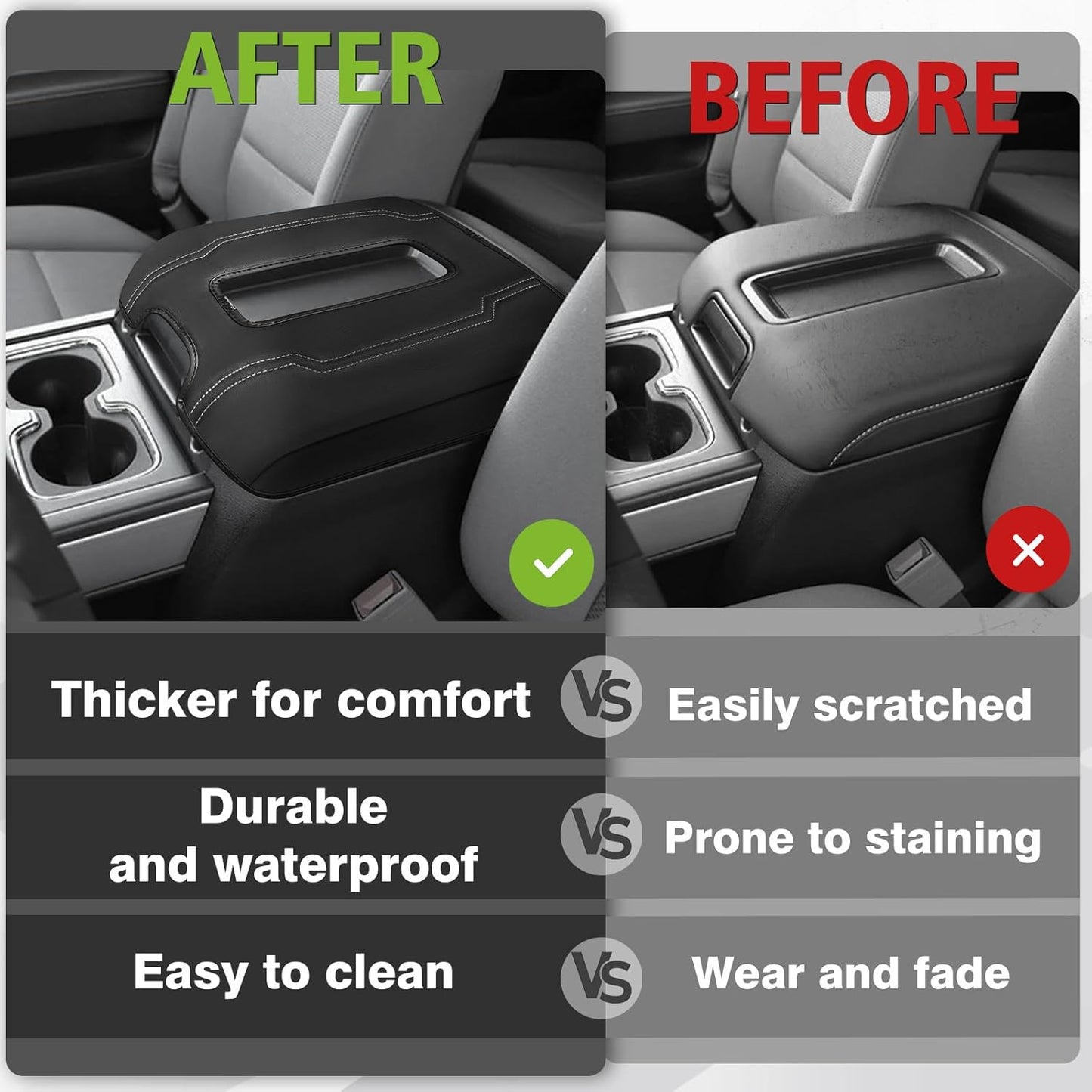 Muslogy Center Console Armrest Cover Compatible with Chevy Silverado & GMC Sierra 1500 2500 3500 2014-2018 Comfort Armrest Pad Arm Rest Cushion Vegan Leather Protector Regular Thick(Bucket Seat ONLY)