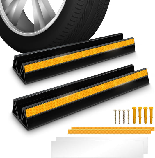 2 Pcs 18'' Parking Car Wheel Stopper for Garage with 2 Installation Methods, Heavy Duty Tire Stops with Reflective Tapes, Car Parking Aids for Garage, Easy to Install