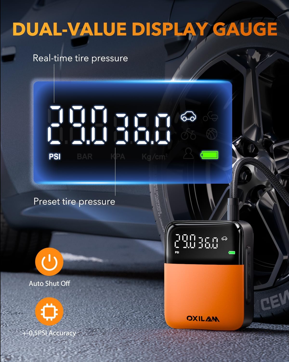 OXILAM C1 Tire Inflator Portable Air Compressor - Rechargeable 3x Faster Air Pump For Car Tires With Tire Pressure Gauge, 150psi Cordless Air Compressor For Car, Motorcycle, Bike, Ball And More
