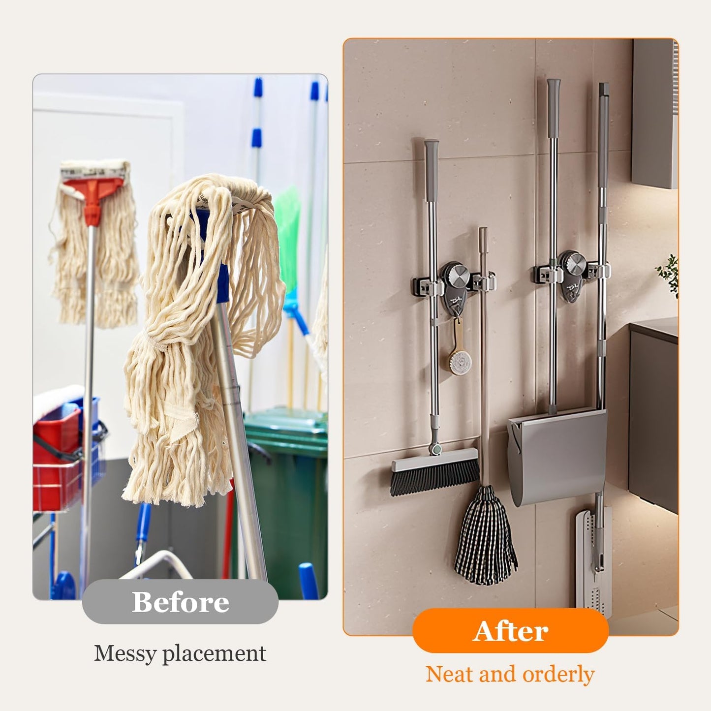 2PCS Broom Holder Mop Hanger,No punching required Broom Hanger Organizer,Broom Holder Wall Mountfor Bathroom, Kitchen, Office,Utility Room,Laundry Room(White+Gray)