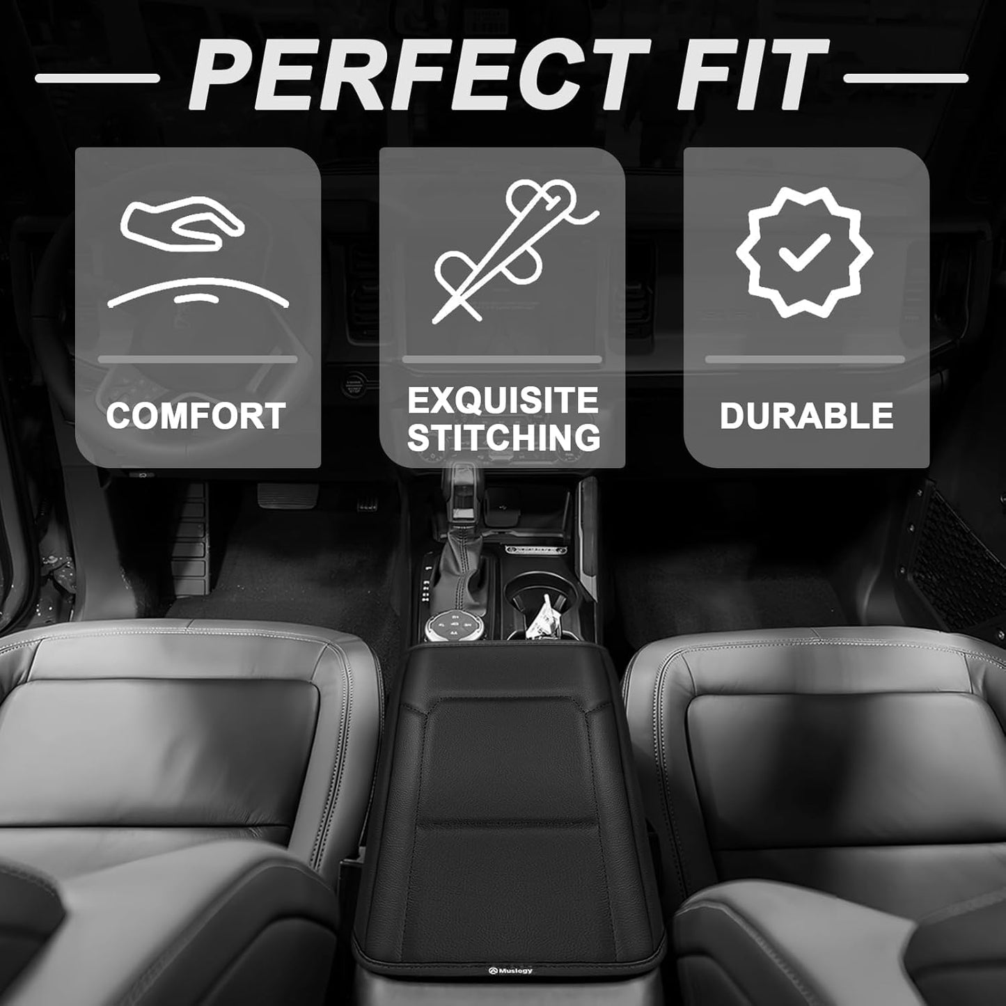 Muslogy Center Console Armrest Cover Compatible with Ford Bronco 2021 2022 2023 2024 2025 Comfort Armrest Pad Arm Rest Cushion Vegan Leather Protector Regular Thick