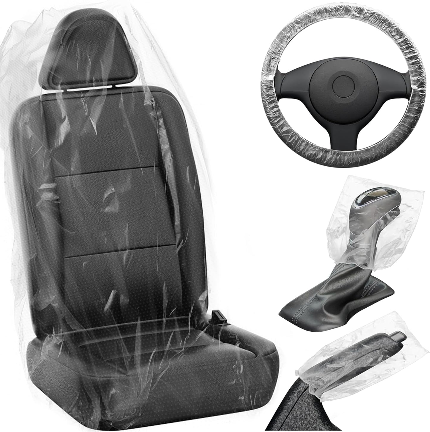 MYFAMIREA 250 PCS Disposable Car Seat Covers Clear Plastic Vehicle Seat Protector Set with Steering Wheel, Gear Shift and Handbrake Covers, Universal for Cars Auto Truck Bus Airplane