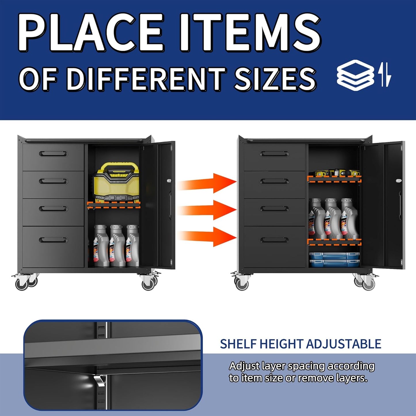 Metal Garage Storage Cabinet with Wheels,Locking Rolling Tool Cabinet with Drawers and Shelves for Home, Office, Garage & Workshop