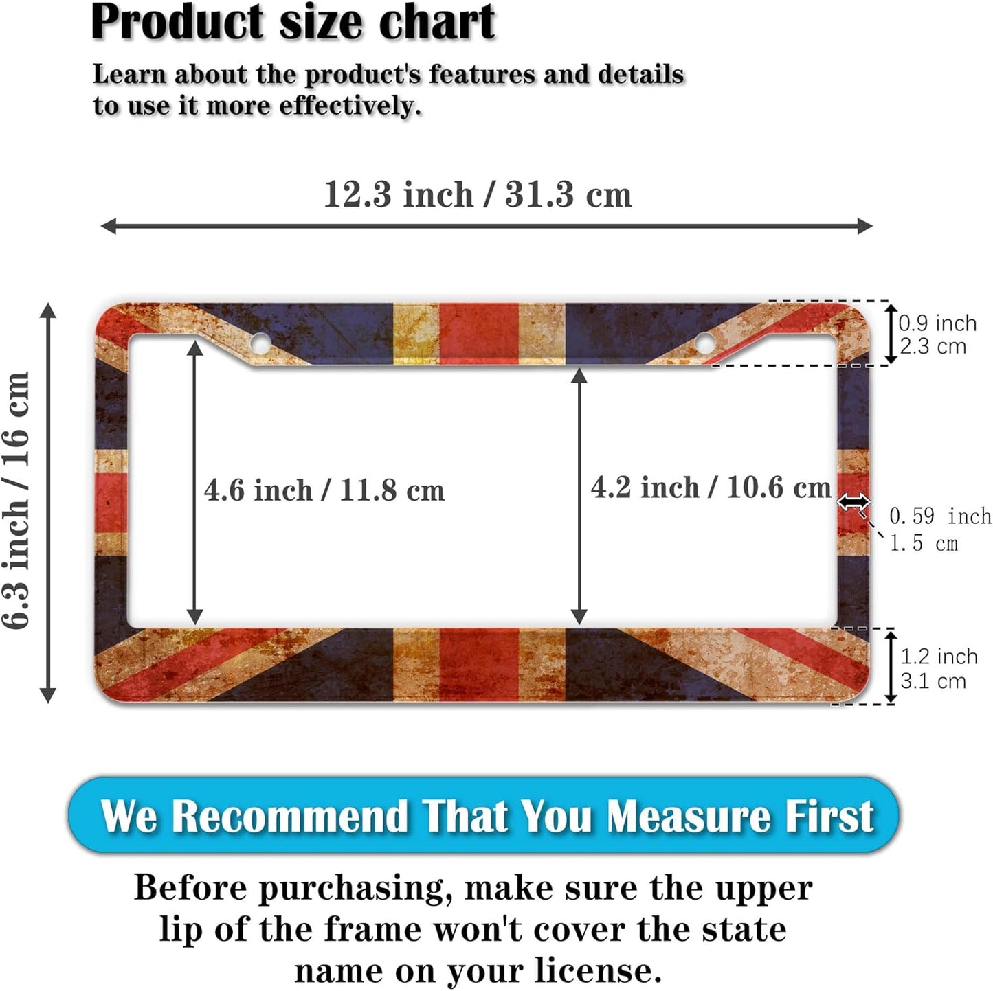 License Plate Frame Multicolor License Plate Protector Great Britain Vintage Old Flag Aluminum Metal Car Accessory 2 Pack with Screw Covers Set