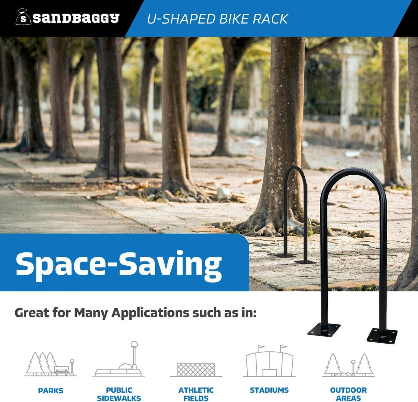 Sandbaggy Outside Bike Stand Floor - U Shaped & Commercial Standing Bike Rack - Premium Quality Galvanized Steel - Perfect Bicycle Floor Stand for Protection - Black, 14.5" x 34" - 1 Loop (50)