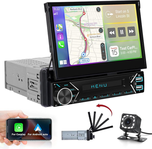 Single Din Car Stereo with Wireless Carplay and Android Auto - 7 Inch Automatic Flip Out Touchscreen Car Radio - Bluetooth/Mirror Link/SWC/FM + 12leds Backup Camera