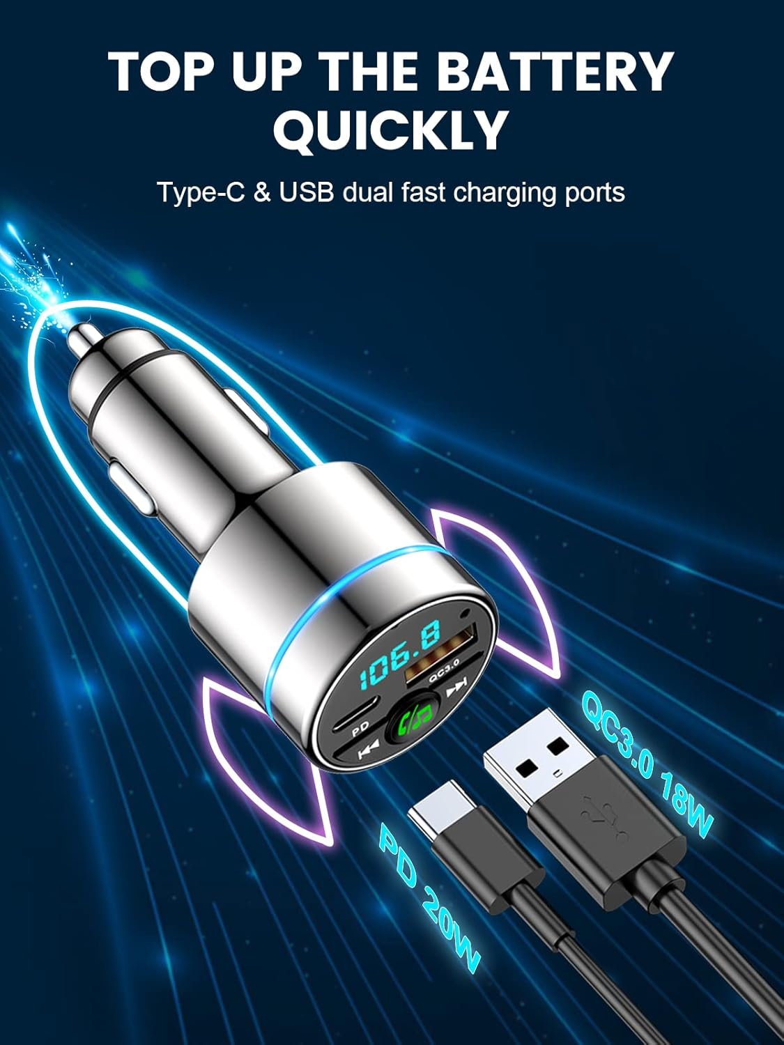 FM Transmitter for Car Bluetooth 5.3, All-Metal PD 20W & QC3.0 18W Fast Charger, Wireless FM Radio Car Kit Bluetooth Adapter, Noise Cancelling Hands-Free Call, Hi-Fi Music, Ring Light