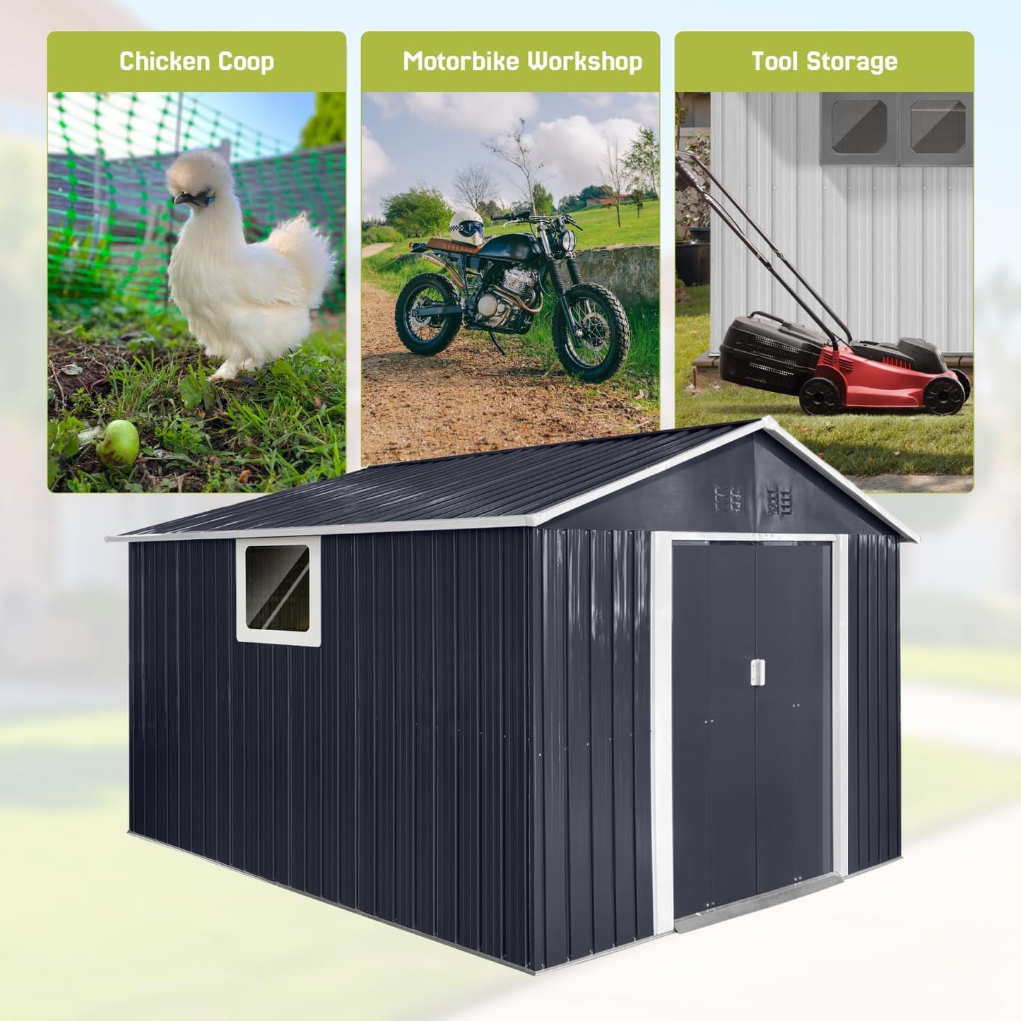 9.1' x 10.6' XL Outdoor Storage Shed, Sturdy Metal Building w/Windows & Lockable Doors for Garden, Backyard, Poolside and Lawn, Anthracite
