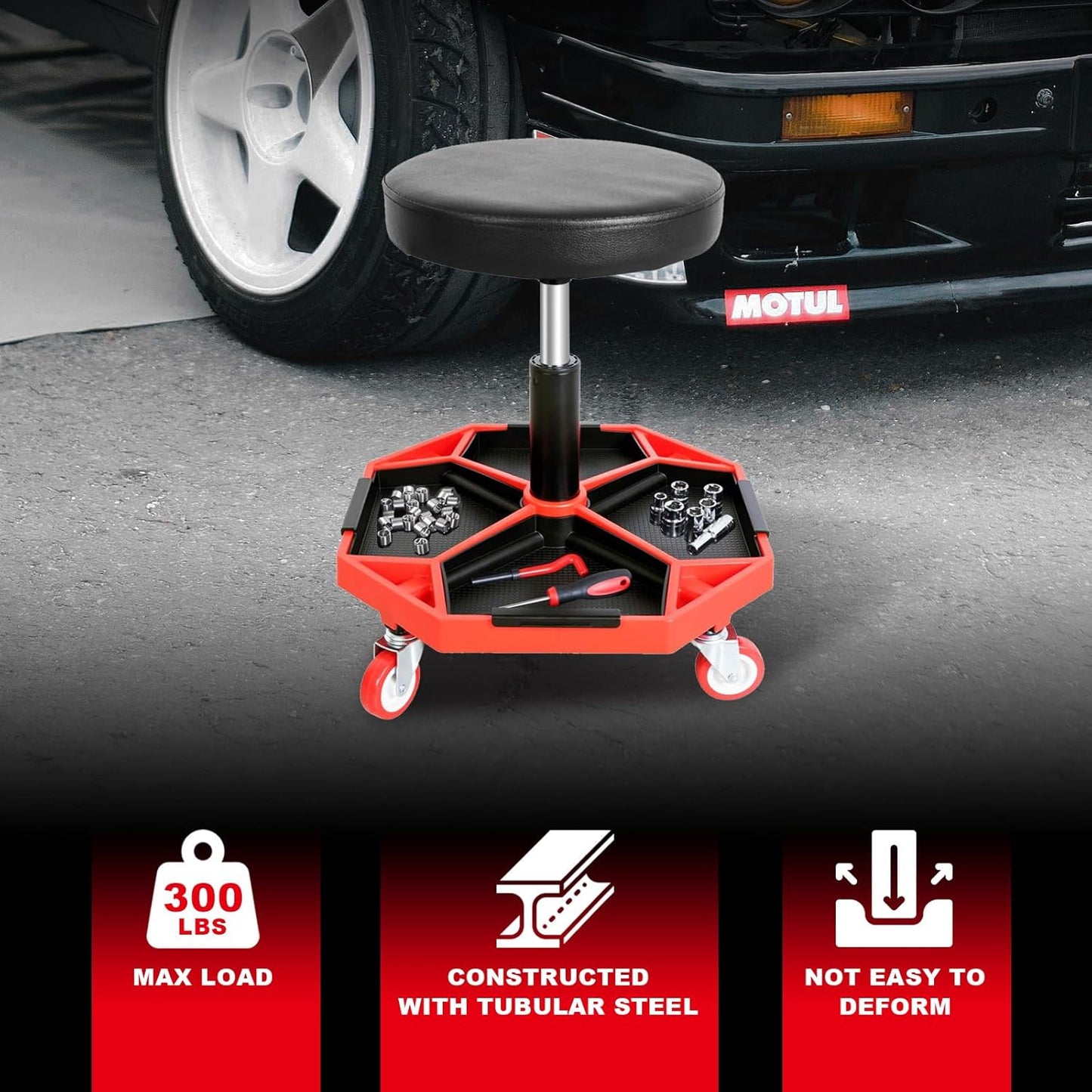 Torin ATRXF8308B Pneumatic Mechanic Stool/Rolling Shop Creeper Seat with Adjustable Height and 4 Removable Tool Trays, 300 lb Capacity, Black/Red