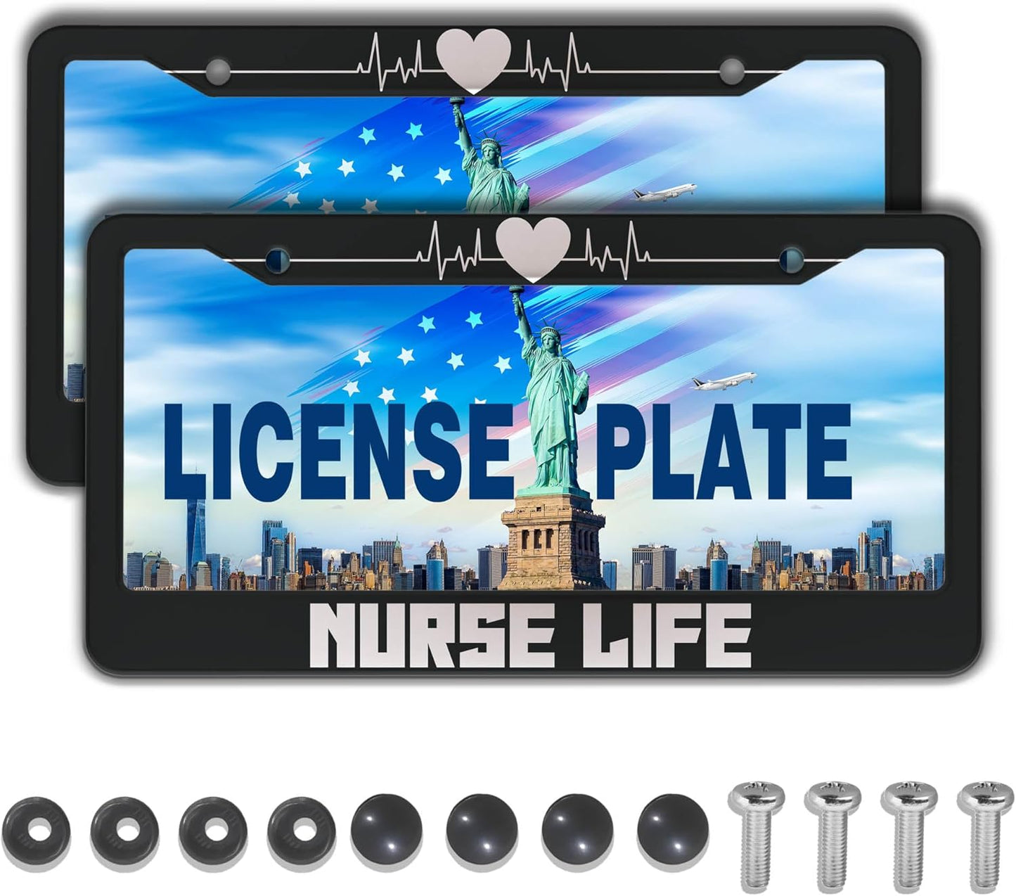 License Plate Protector Black and White License Plate Frames Nurse Life Universal Aluminum Car Accessory 2 Pack with Screw Covers Set