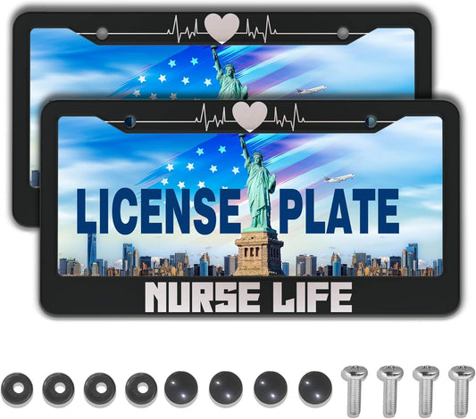 License Plate Protector Black and White License Plate Frames Nurse Life Universal Aluminum Car Accessory 2 Pack with Screw Covers Set