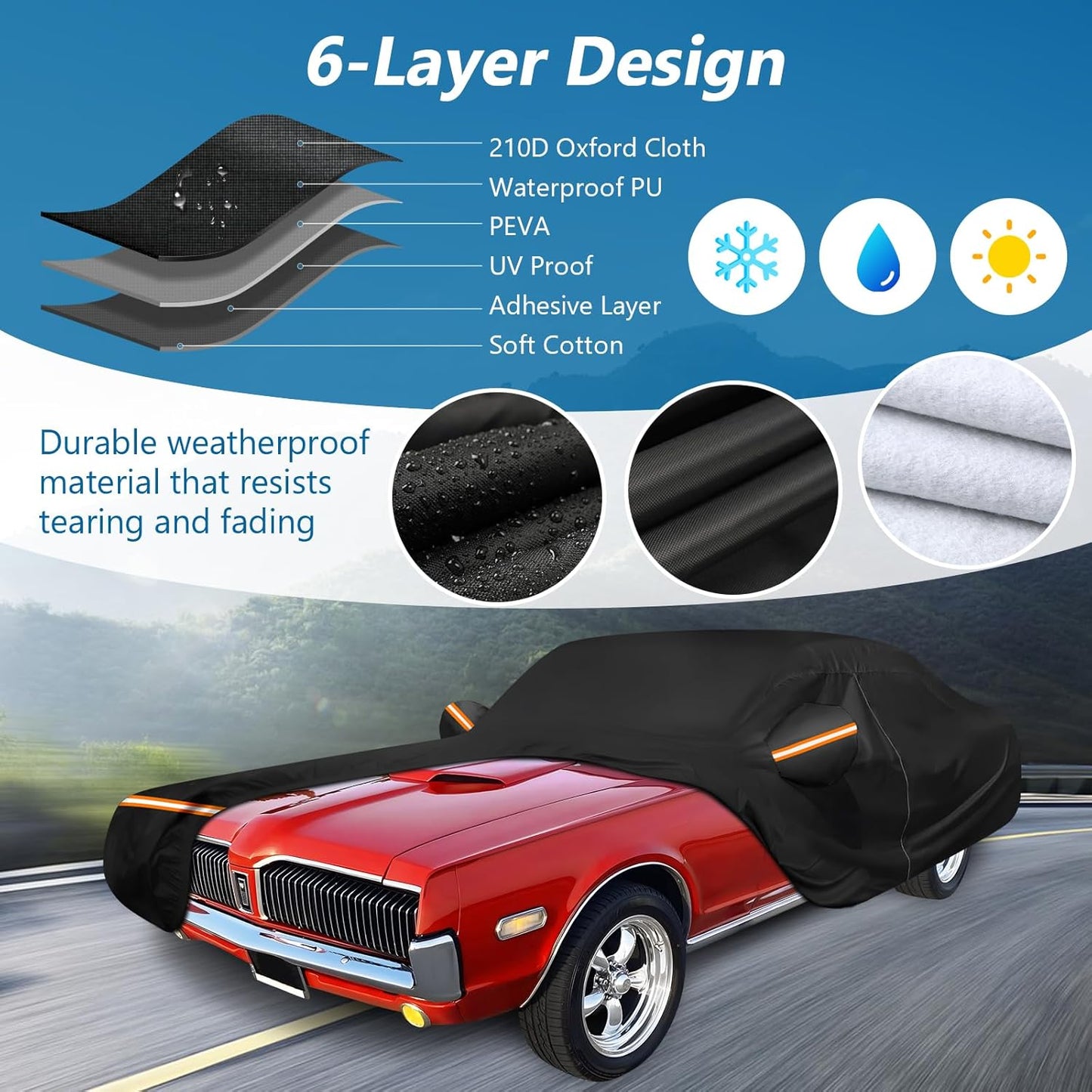 Car Cover for Mercury Cougar 1967-1973,1980-1997, Waterproof 210D Oxford Cloth and Cotton Cover Outdoor Car Cover with Zipper Windproof Heavy Duty All Weather