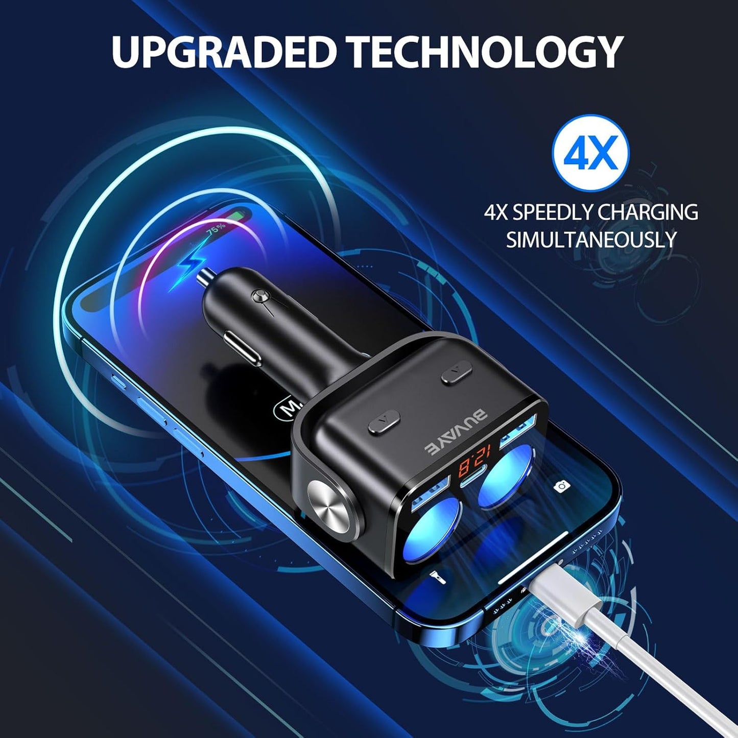 Car Cigarette Lighter Splitter, BUVAYE 12V/24V Dual Cigarette Lighter Adapters for Cars 2-Socket Car Charger Adapter for iPhone/iPad/GPS/Dash Cam/Laptop
