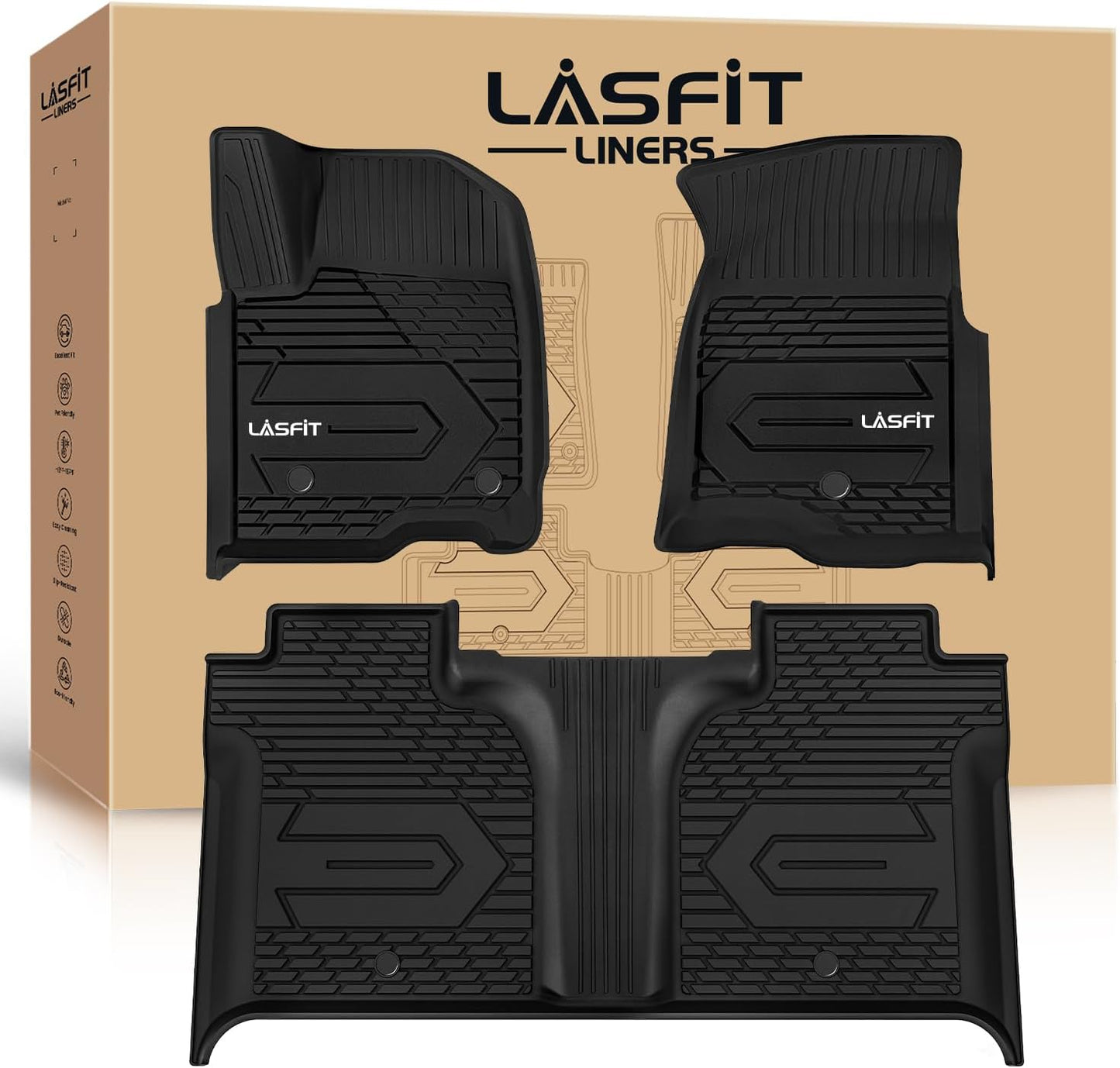LASFIT Floor Mats 2019-2025 for Chevy Silverado/GMC Sierra 1500, 2020-2025 2500 HD/3500 HD, Crew Cab Only(Fit with Rear Under-Seat Storage, But Not Fit 2nd Row Plastic Storage) All Weather TPE Mats