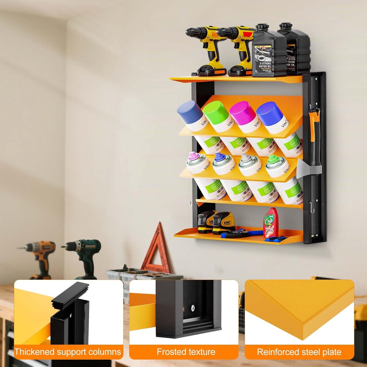 Spray Can Holder, Wall Mount Spray Paint Can Holder, Spray Can Rack with 8 Can Holes & 2 Shelf, Heavy Duty Paint Bottle Organizer for Garage, Home, Shop