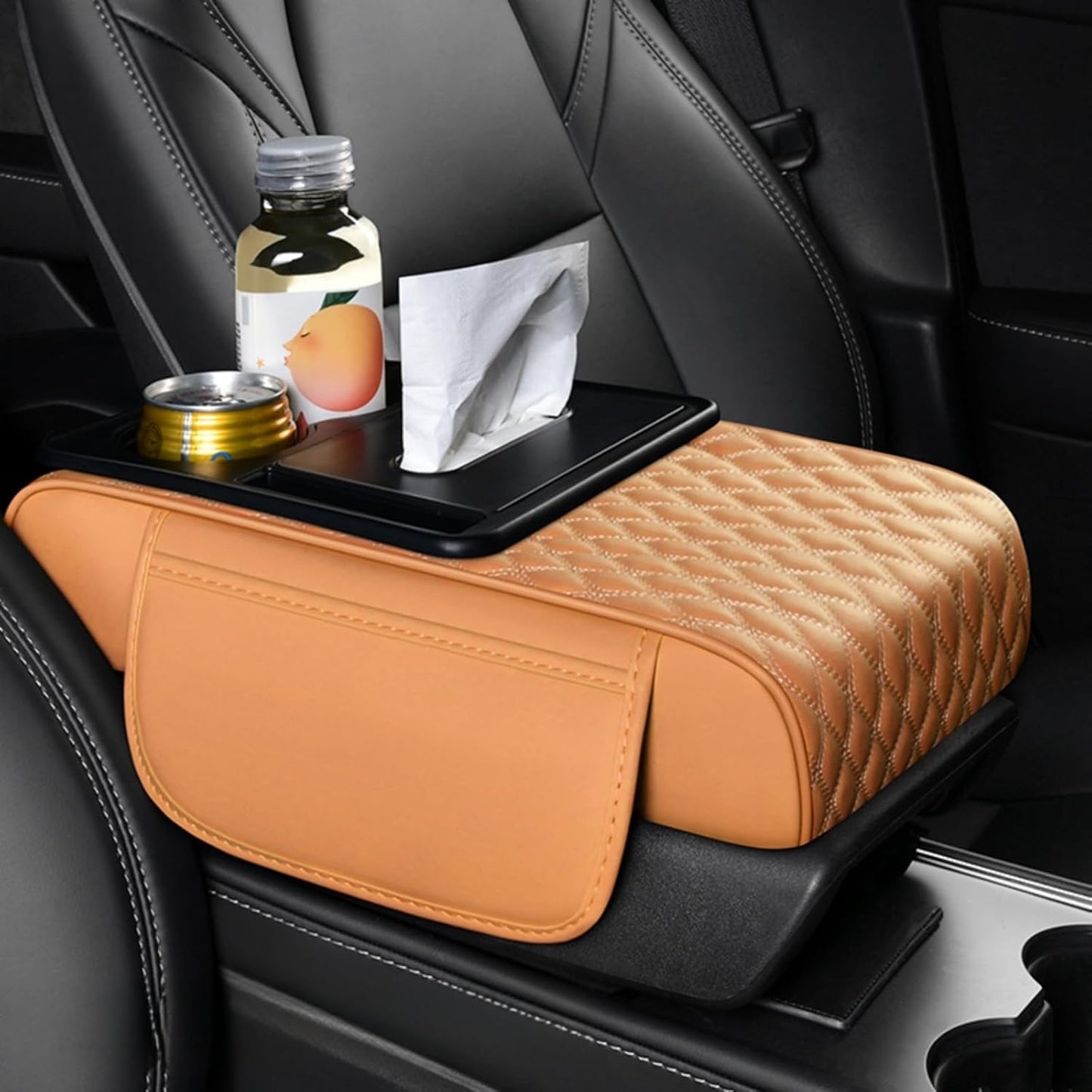 Center Console Cover Organizer, 5-In-1 Arm Rest Cover for Car with Cup Holder & Storage Pocket & Tissue Holder, Armrest Cover Cushion Pad, Water Ripples, Orange