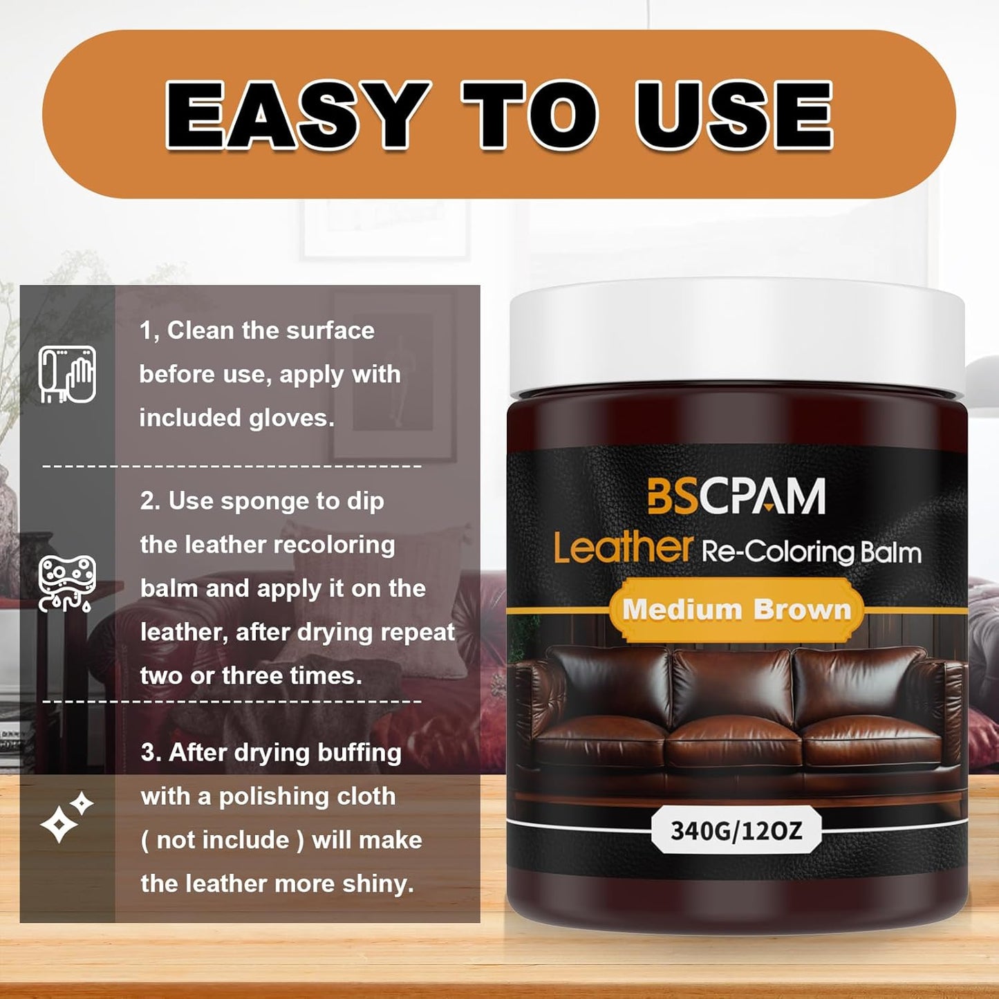 Medium Brown Leather Recoloring Balm, 12oz Leather Color Restorer for Couches, Leather Repair Kit for Furniture, Leather Dye for Leather Fade, Leather Repair Restore car seat