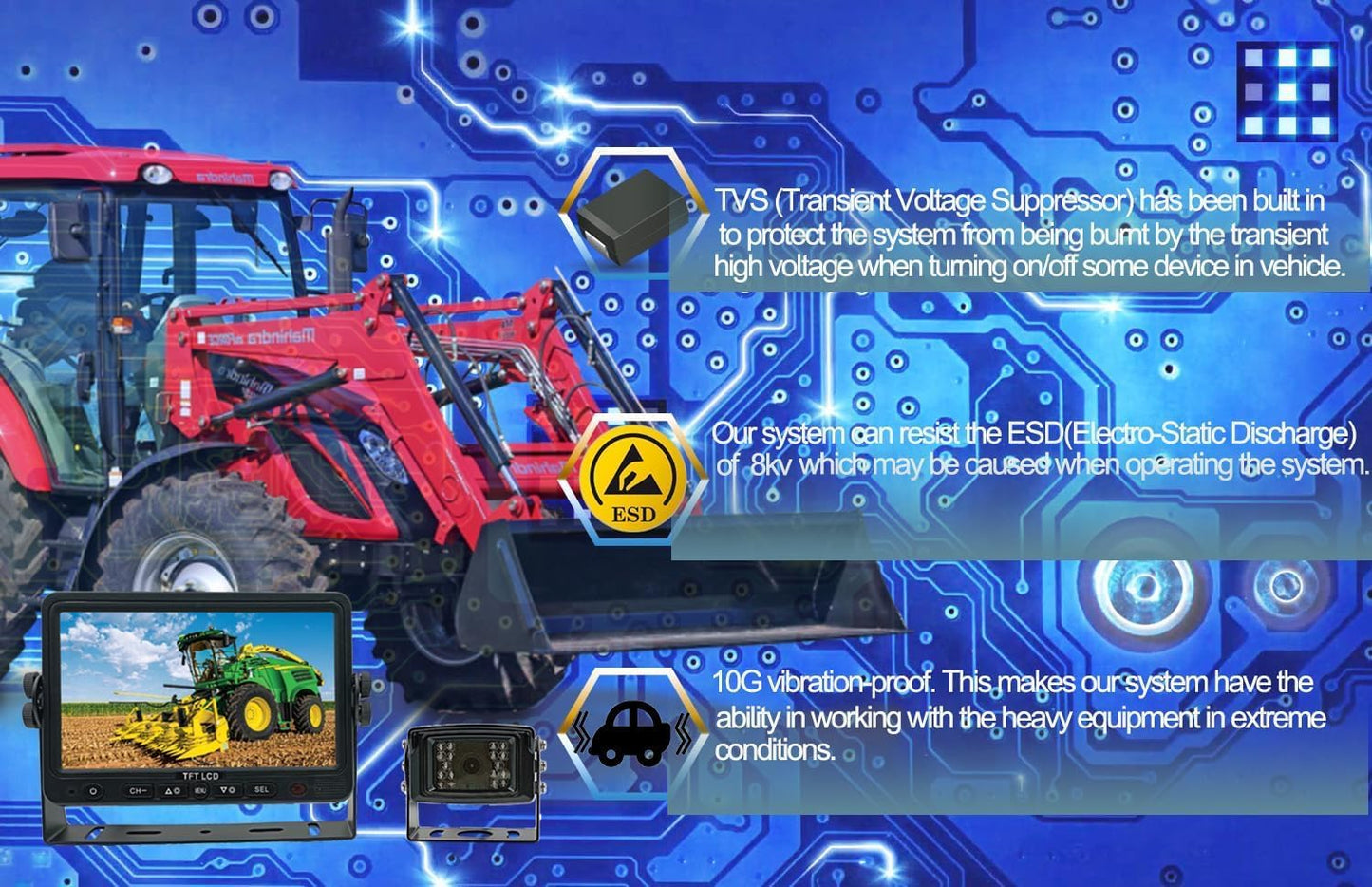 AHD 720P, Super Clear, 7" Wired Monitor Rear View Backup Camera System for Farm Tractor, Truck, RV, Forklift, Heavy Equipment, EXCAVTORS, Skid Steer