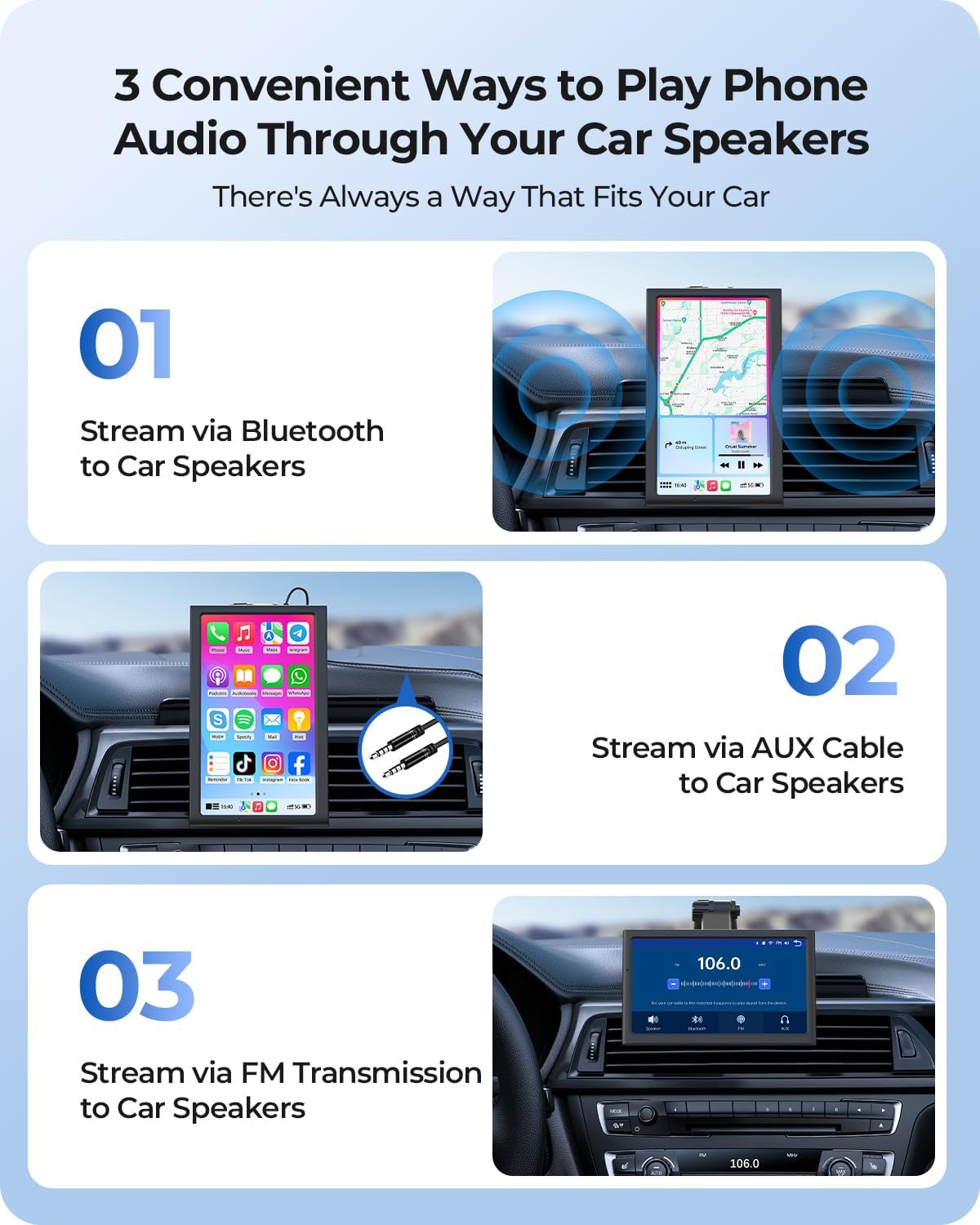 7" Wireless Portable 60FPS Car Play Screen for Apple CarPlay & Android Auto, Portrait and Landscape Modes, Mirror Link, Bluetooth, Voice Control, GPS Navigation