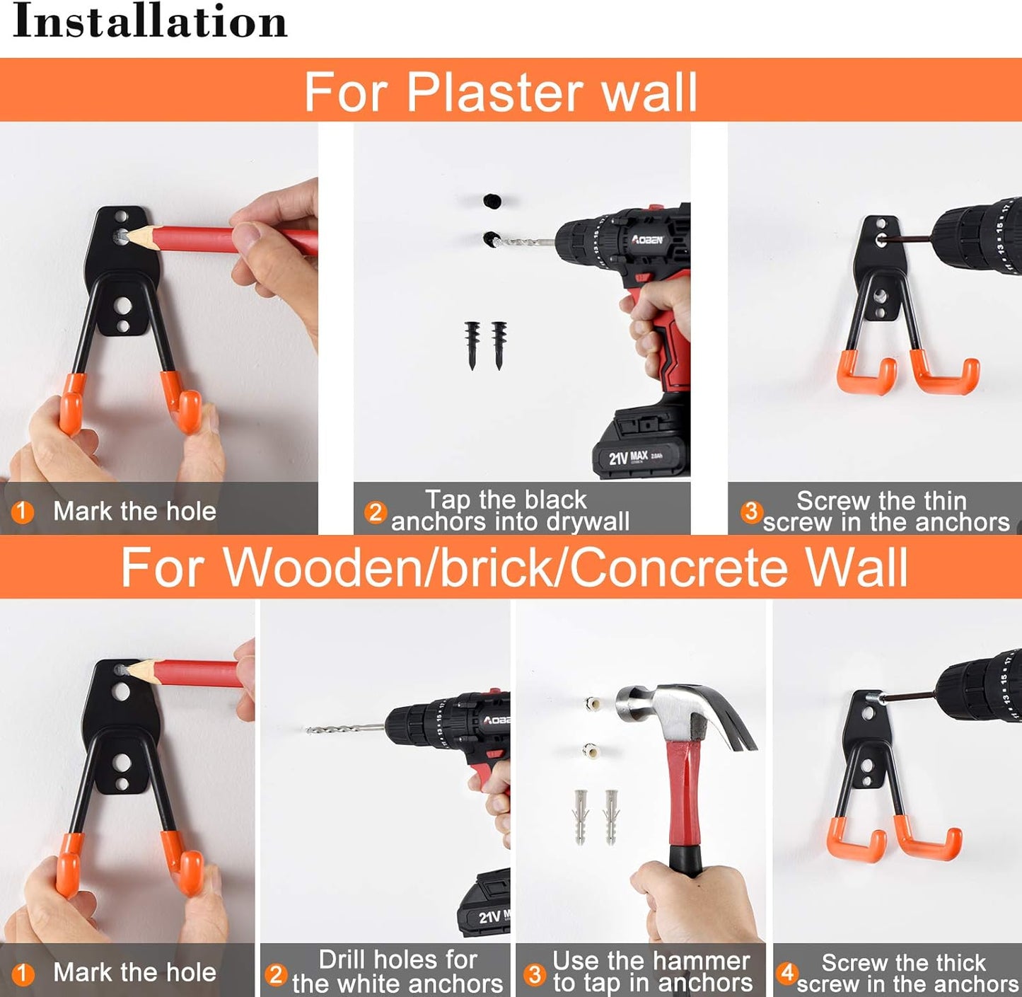 AOBEN Garage Hooks Heavy Duty, Steel Garage Storage Hooks, Utility Tool Hangers and Combinable Wall Mount for Organizing Ladders, Bikes, Hoses, and More Equipment (Large J, 10 Pack)